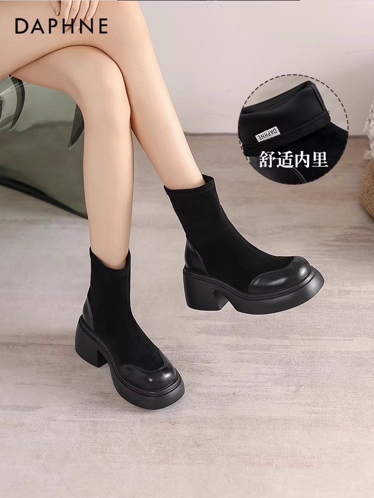 Giày bốt Daphne Martin dành cho nữ 2025 mới đầu thu giày bốt cao gót ngắn dành cho nữ giày bốt thon gọn co giãn giày bốt đế dày giày bốt nữ