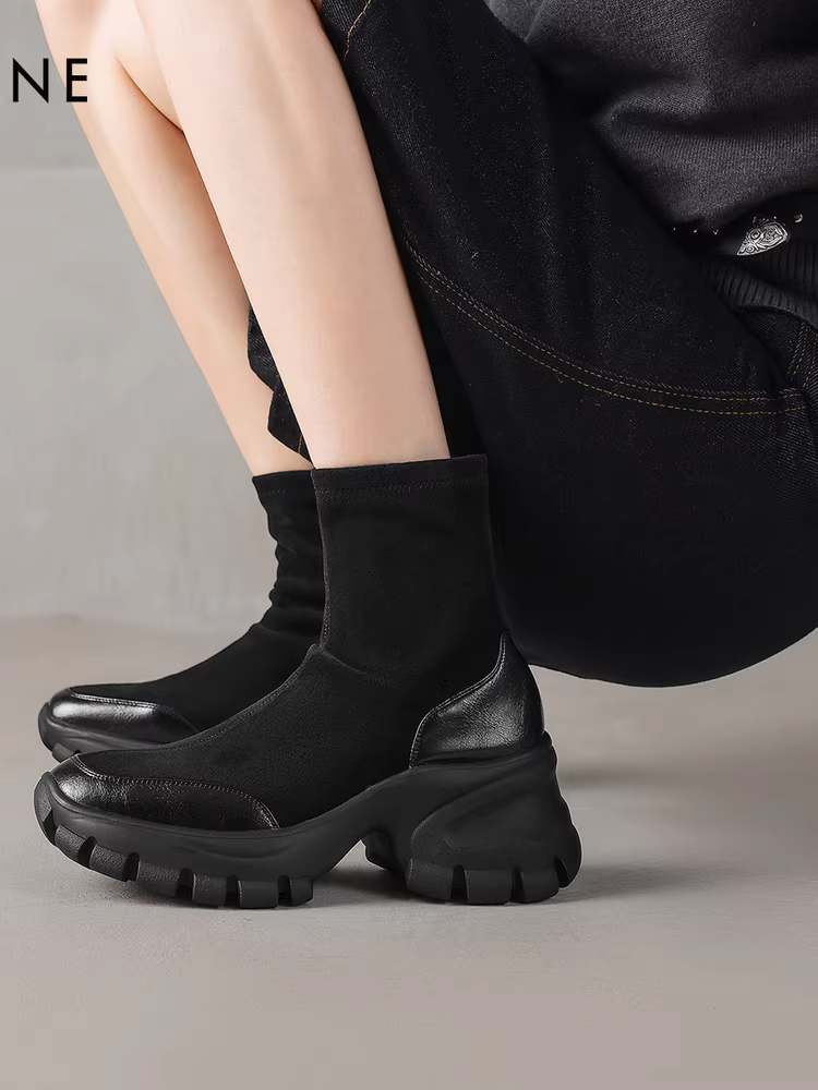 Giày bốt cao gót đế dày kiểu vớ Daphne 2025, giày bốt ngắn thời thượng, giày bốt nữ thời trang, giày bốt kiểu vớ nữ