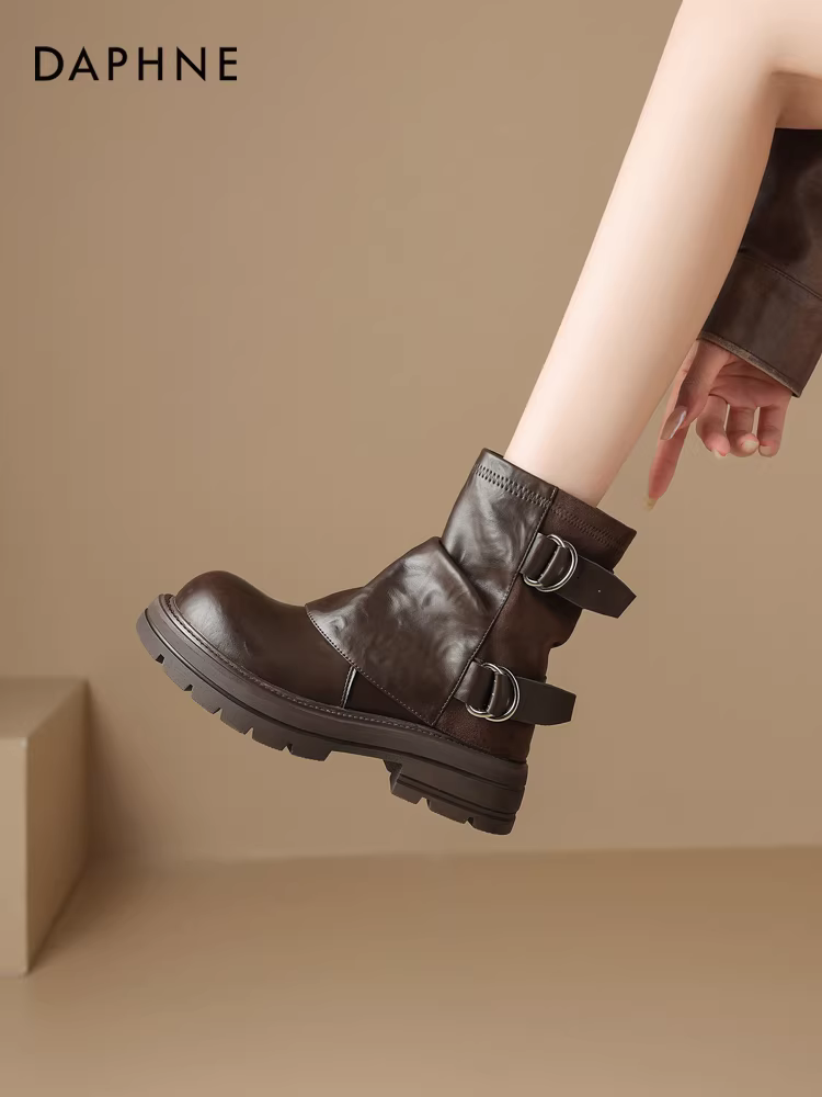 Giày bốt ngắn Daphne dành cho nữ kiểu mới 2025, kiểu Martin, kiểu Melard, mùa đông, đế dày, cổ cao, kiểu dáng boots đi xe máy