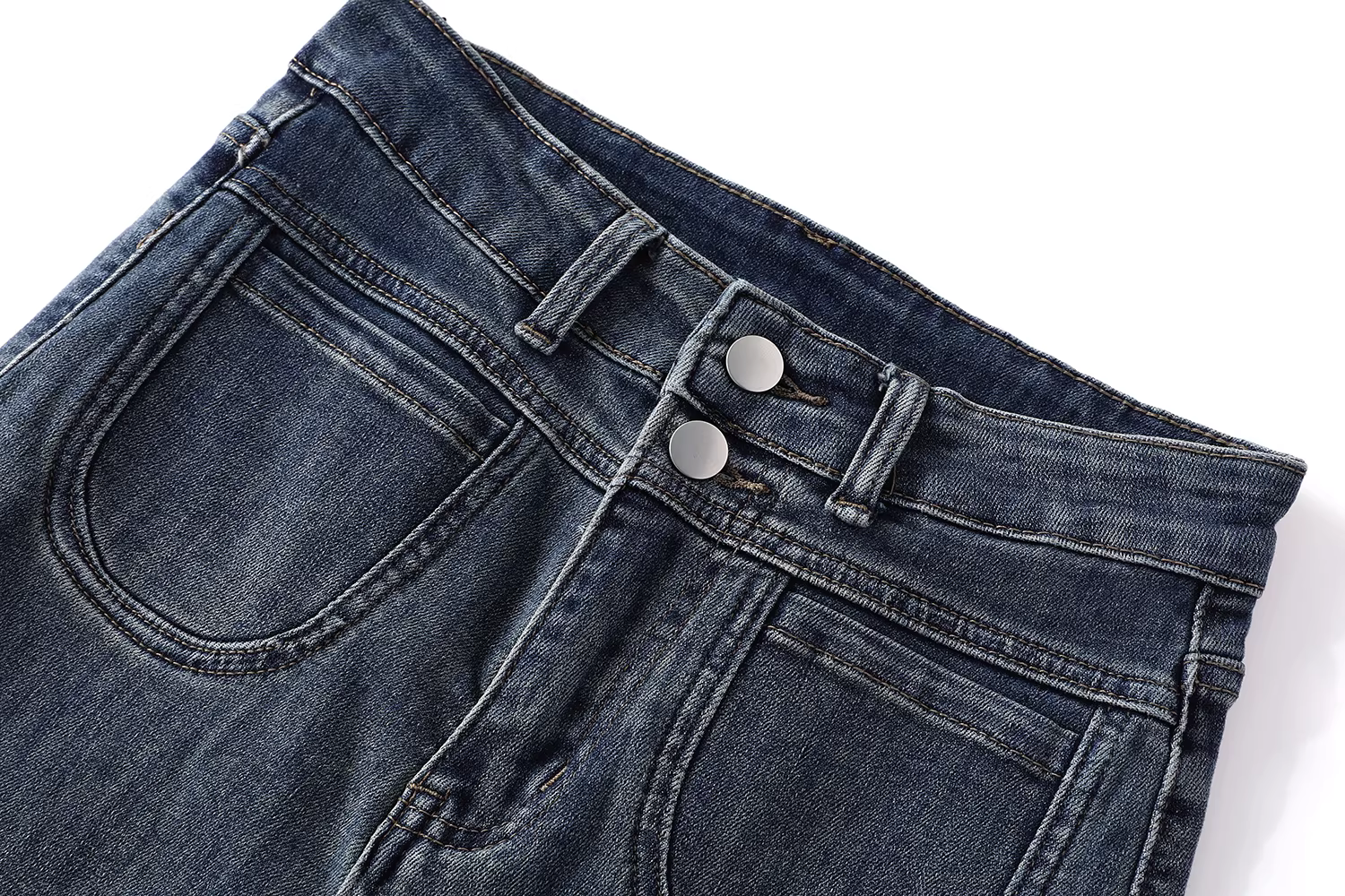 Quần denim xanh kiểu dáng retro Mỹ, dáng loe, dành cho nữ, thiết kế cao eo, tôn dáng, mùa xuân thu, kiểu dáng độc đáo.