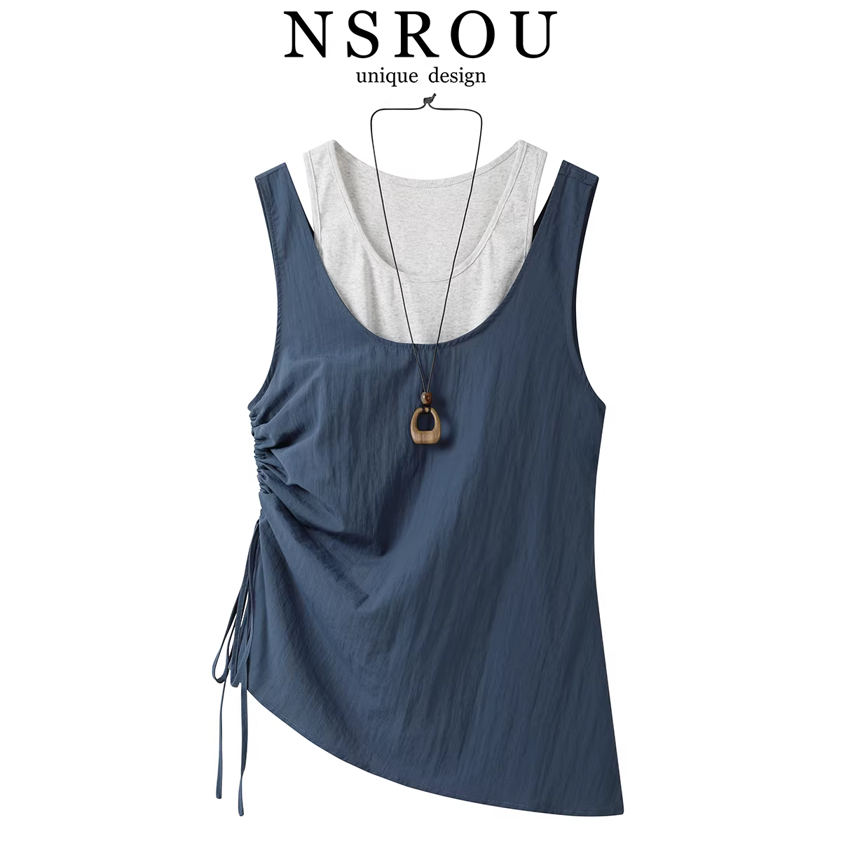 Áo ba lỗ cổ tròn không tay phối màu retro hợp thời trang dành cho nữ, áo kiểu dáng bất đối xứng xếp ly tôn dáng mùa hè.