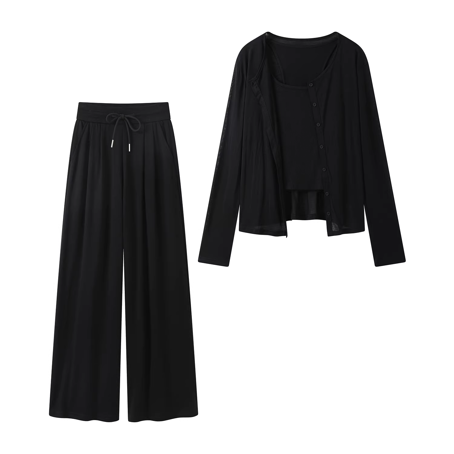 Bộ ba món gồm áo len dệt kim kiểu Pháp, áo thun chống nắng, quần dài cạp cao tôn dáng dành cho nữ vào đầu mùa thu.