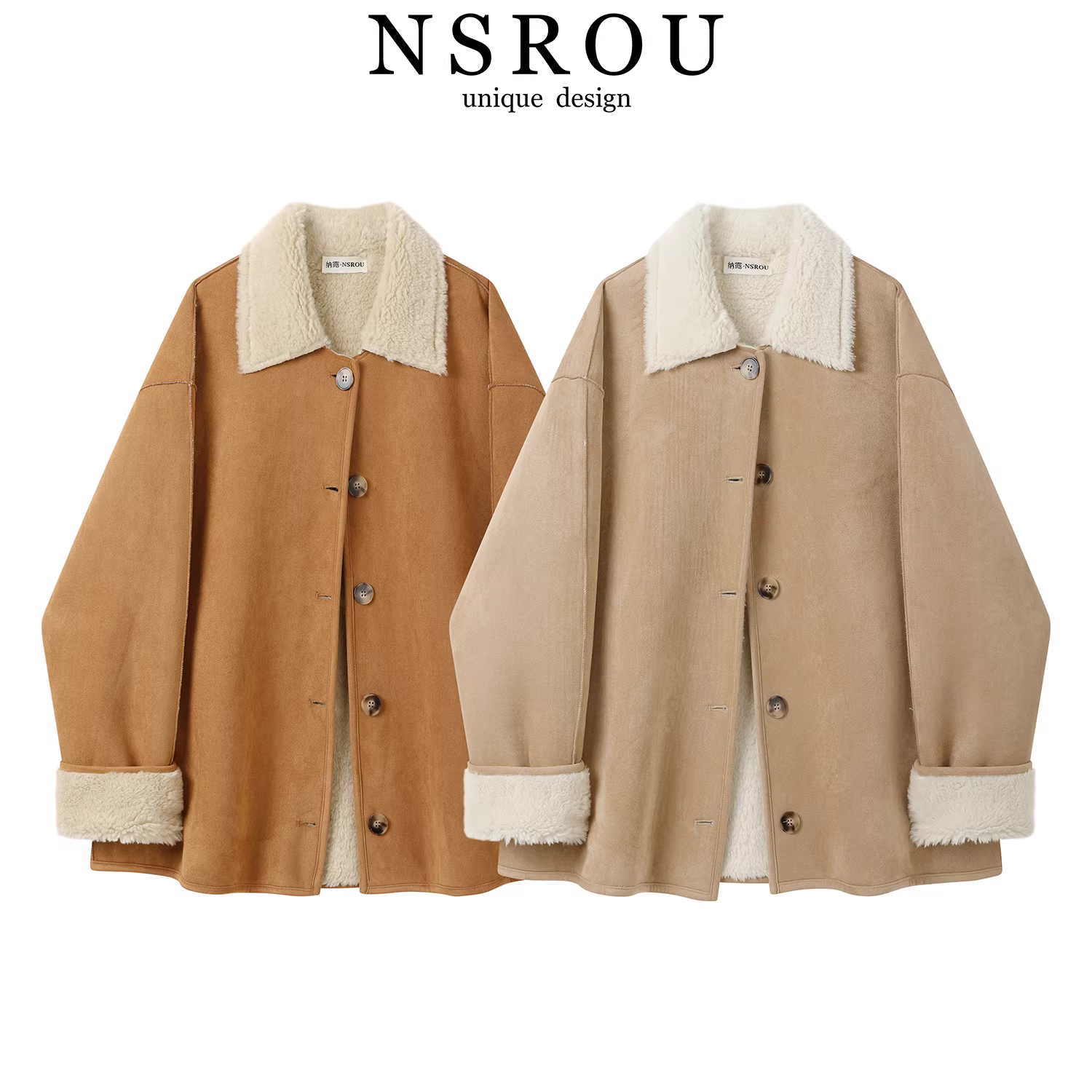 Áo khoác tích hợp da lộn và lông cừu Melard retro dành cho nữ, áo khoác lông thú dáng rộng giản dị mùa thu đông