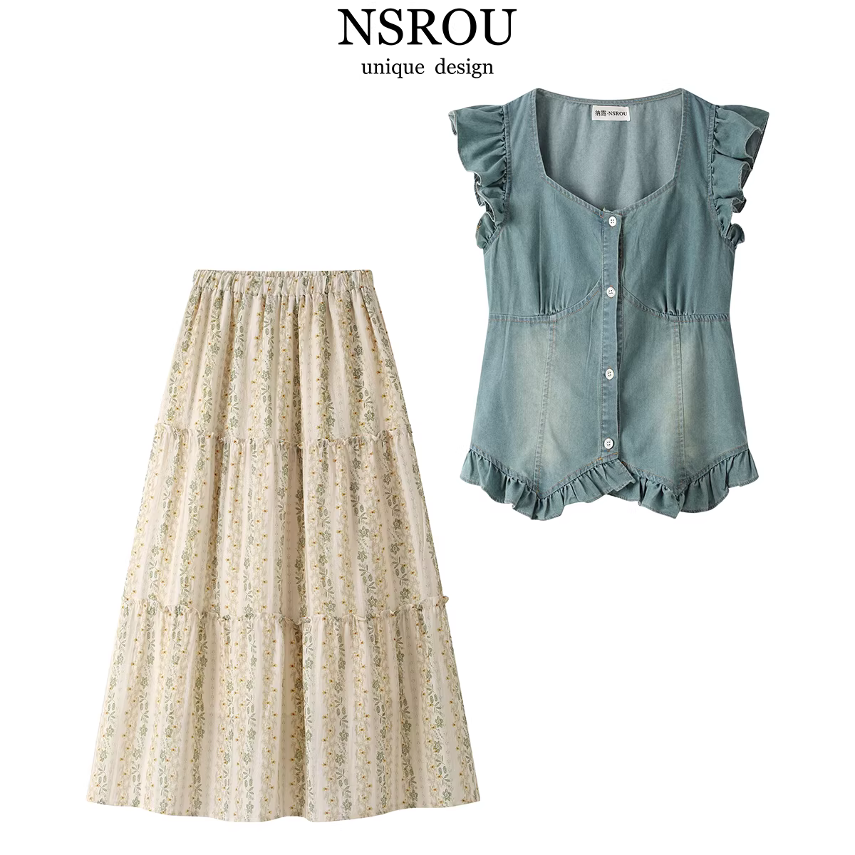 Váy kiểu Pháp cổ điển, phong cách ngọt ngào và cá tính, tôn dáng eo, áo sơ mi denim xếp ly, bộ đồ hai mảnh dành cho nữ mùa hè