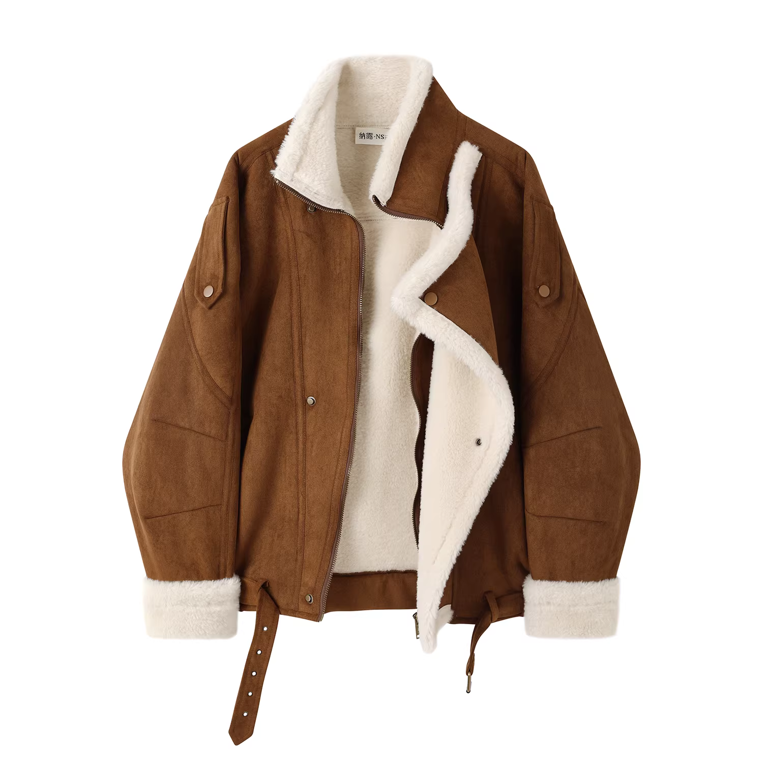 Áo khoác ngắn da lộn lông cừu cổ điển dành cho nữ, áo khoác phi công dày dặn đa năng mùa đông bằng len cừu