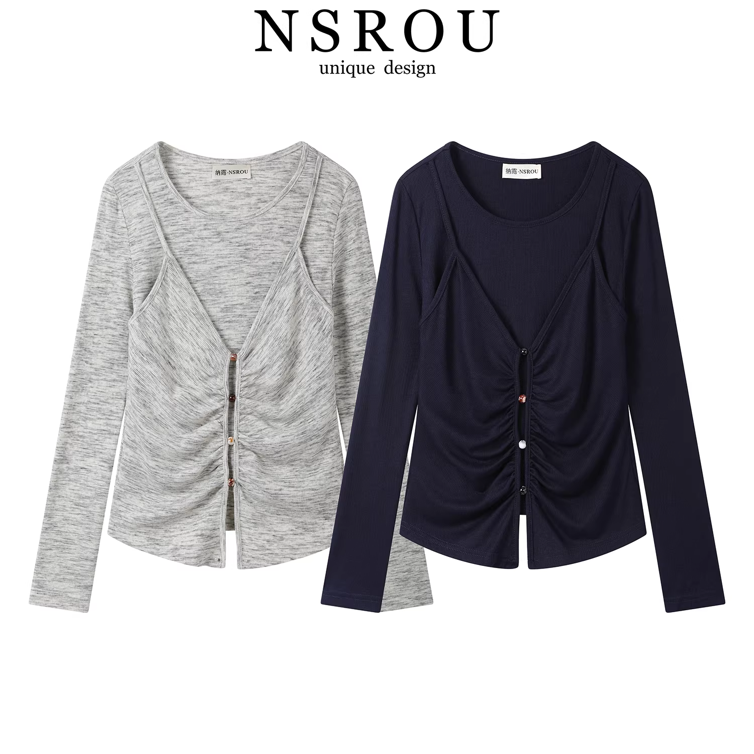 Áo thun dệt kim hai mảnh phong cách Pháp gợi cảm và thuần khiết dành cho nữ, áo lót bên trong lớp nền mùa thu độc đáo và đẹp mắt.