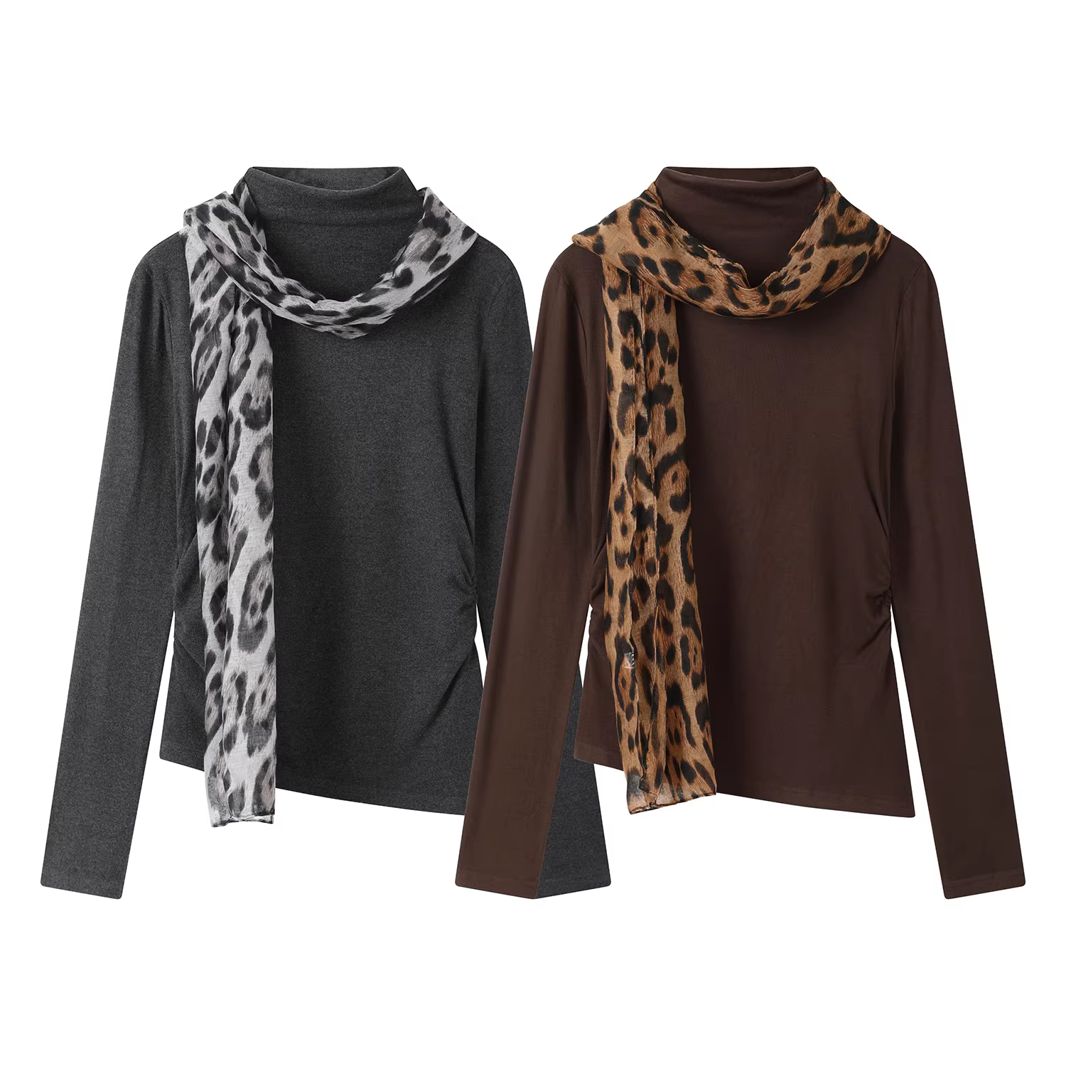 Khăn quàng cổ họa tiết da báo cổ điển, áo thun dệt kim dài tay cho nữ, áo sơ mi ôm sát mùa thu đông, áo thời trang