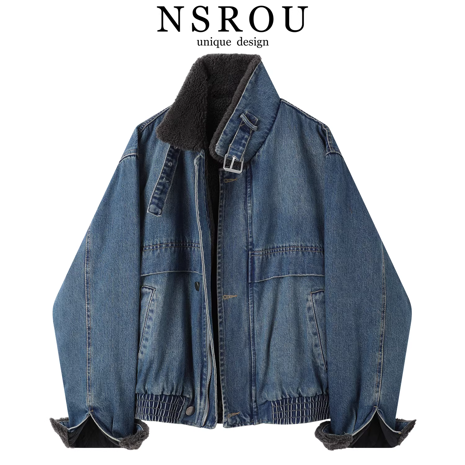 Áo khoác denim cotton len cừu kiểu Mỹ cổ điển dành cho nữ, áo khoác phi công lót lông cao cấp mùa đông