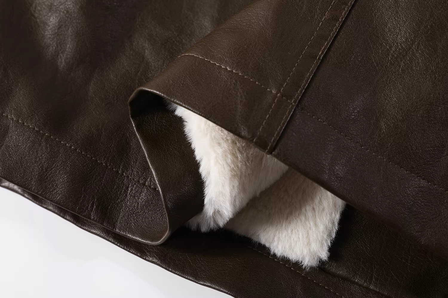 Áo khoác da cổ đứng màu nâu retro Maillard dành cho nữ trong mùa thu đông, áo khoác len cừu dài vừa phải cao cấp kiểu Mỹ