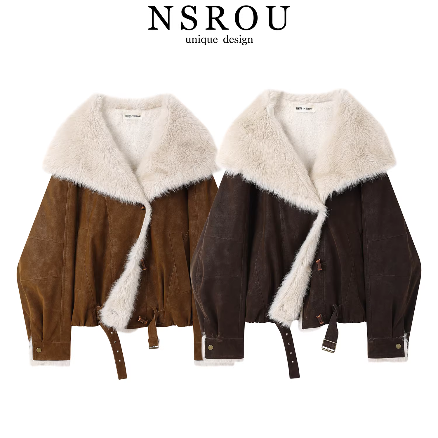 Áo khoác da ngắn màu cà phê retro Maillard dành cho nữ, phong cách mùa đông mới, cao cấp, sành điệu và thanh lịch, áo khoác cổ lông lớn