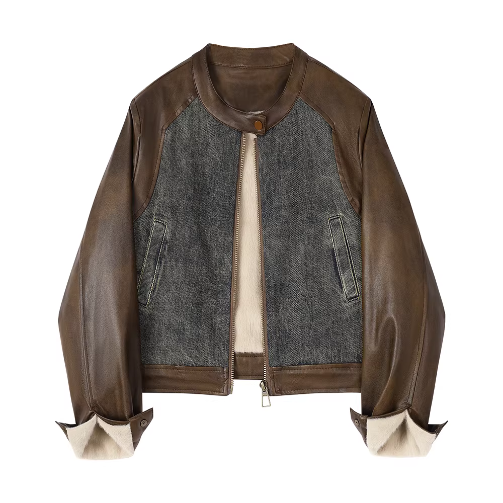 Áo khoác dày phối vải kiểu Mỹ cổ điển, lót lông cừu, dành cho nữ, kiểu dáng thu đông 2025, áo khoác denim nhỏ nhắn