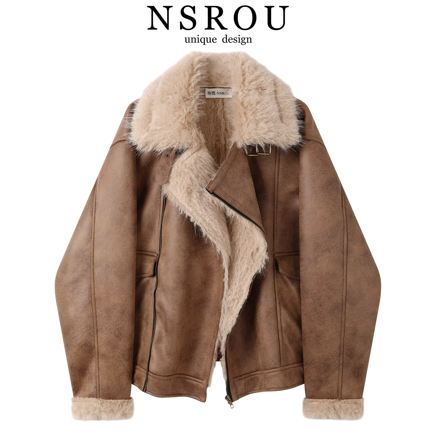 Áo khoác ngắn đi xe máy một mảnh lông cừu retro Maillard dành cho nữ, áo khoác da dày và nhung mùa đông