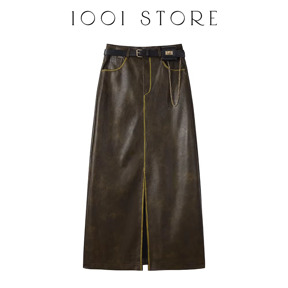 Chân váy bút chì dài xẻ tà màu nâu cổ điển nữ 2025 kiểu mới thu sang trọng cao eo tôn dáng dáng chữ A chất liệu giả da