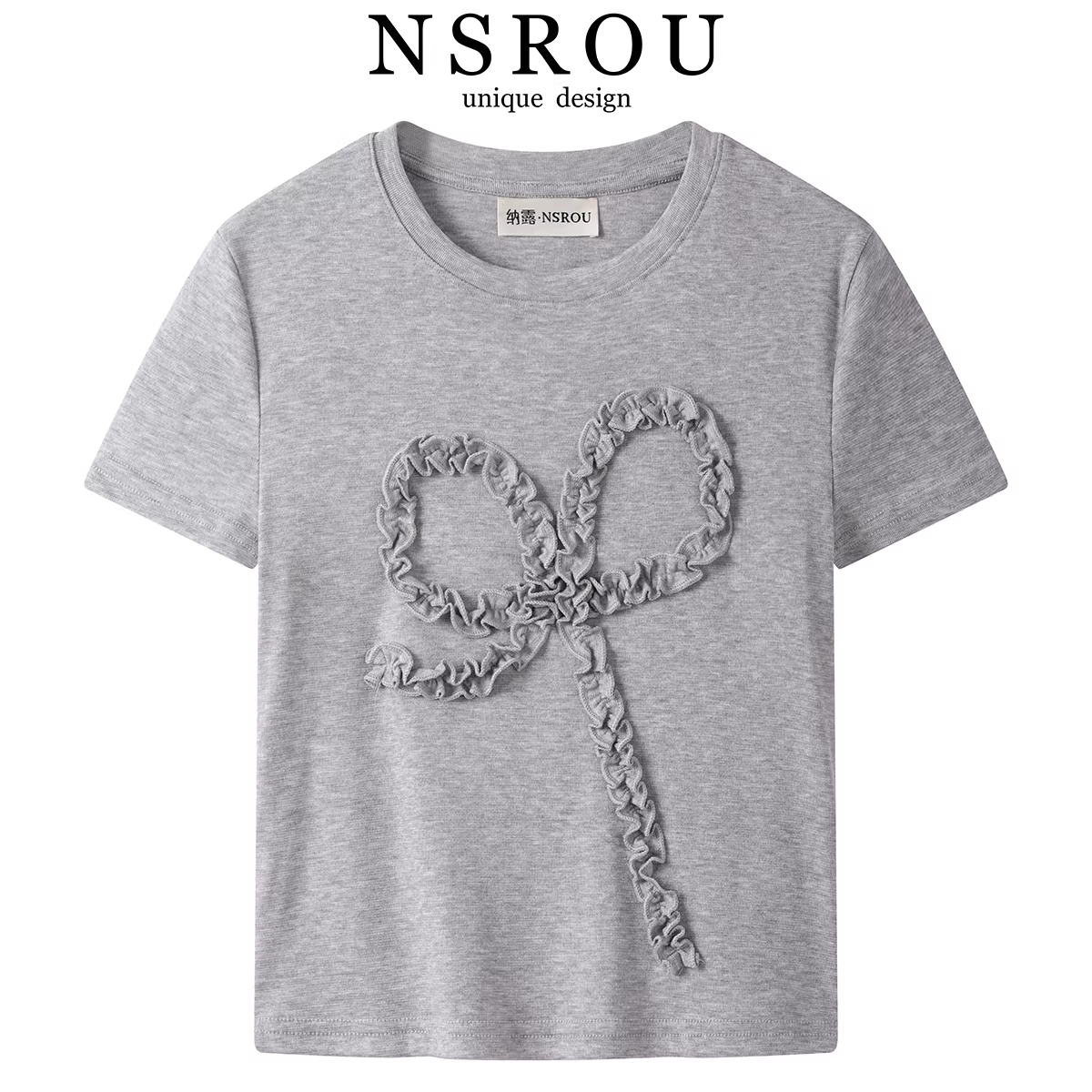 NSROU Áo thun ngắn tay cổ tròn nơ thanh lịch phong cách Hàn Quốc dành cho nữ, thiết kế mùa hè mới, áo sơ mi cơ bản độc đáo.