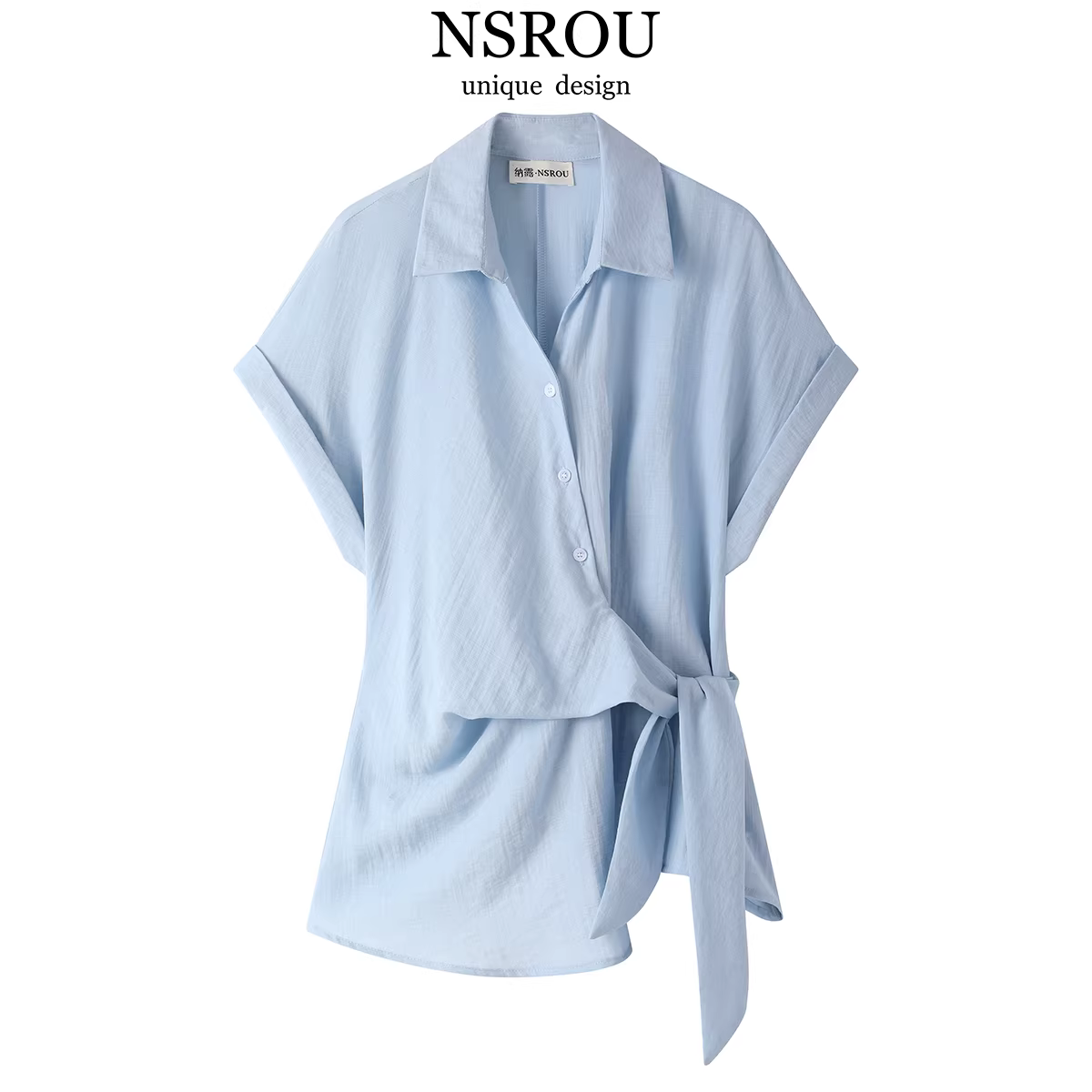 Áo kiểu Pháp buộc dây eo, tay bồng nhỏ, áo sơ mi màu xanh dành cho nữ, áo mùa hè kiểu dáng bất quy tắc trẻ trung thời thượng