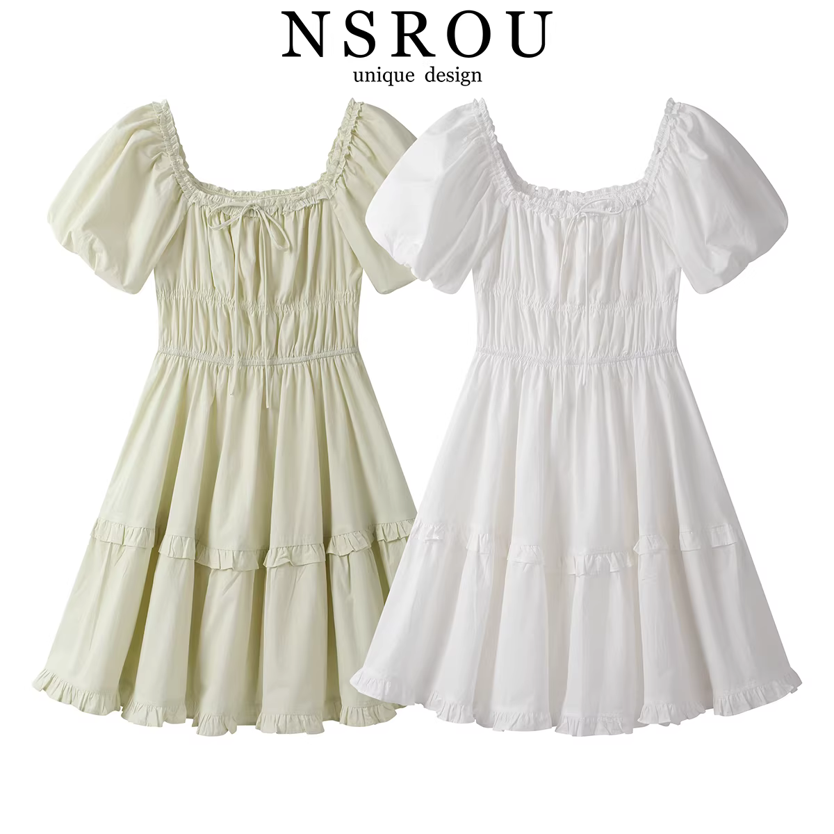 Váy eo thon cổ vuông tay phồng kiểu Pháp dành cho nữ, phong cách mùa hè mới, váy ngắn công chúa cổ tích tuyệt đẹp