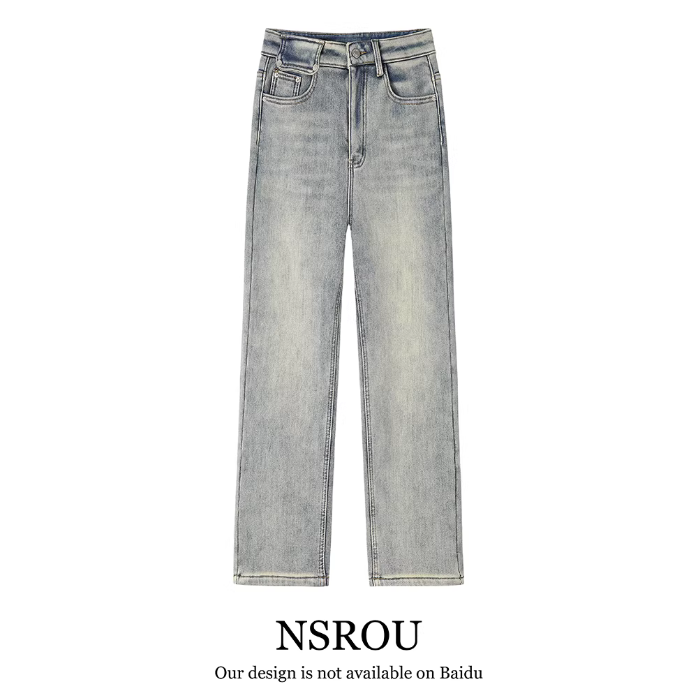Quần jean lót lông phong cách retro của Mỹ dành cho nữ, thiết kế mùa đông, cạp cao, thon gọn, rộng rãi, giản dị, ống thẳng, ống rộng, quần dài đến sàn