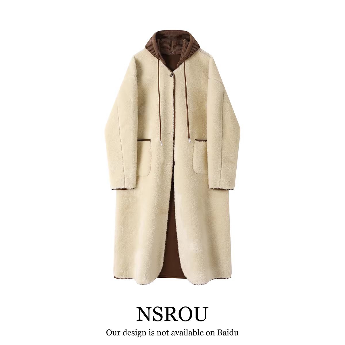 Áo khoác dài vừa phải tích hợp lông thú cao cấp và thanh lịch của NSROU dành cho nữ, áo khoác có mũ trùm đầu bằng len cừu phong cách Hàn Quốc mùa thu đông