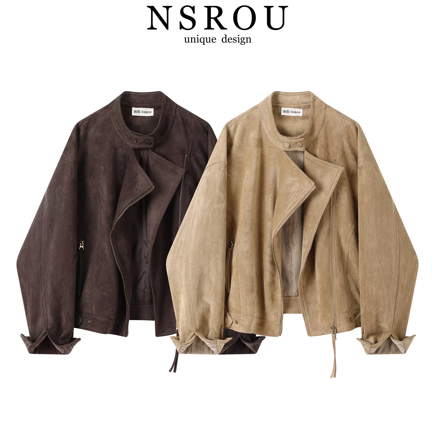 Áo khoác da lộn ngắn độc đáo và đẹp theo phong cách cổ điển Mỹ dành cho nữ đầu mùa thu cổ tròn có khóa kéo