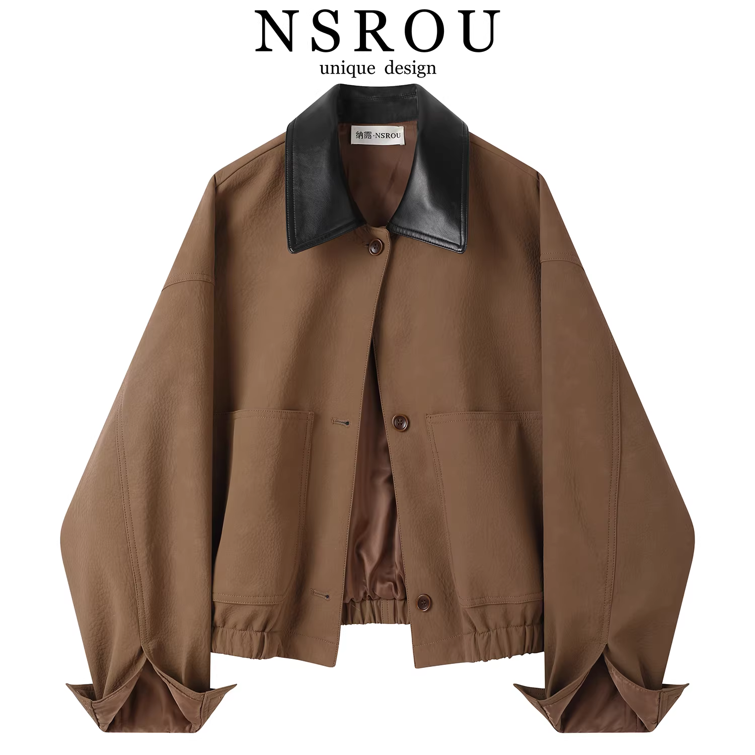 Áo khoác da ngắn có cổ màu sắc theo phong cách retro của Mỹ dành cho nữ, đầu mùa thu, dáng nhỏ nhắn, áo khoác biker chắp vá.