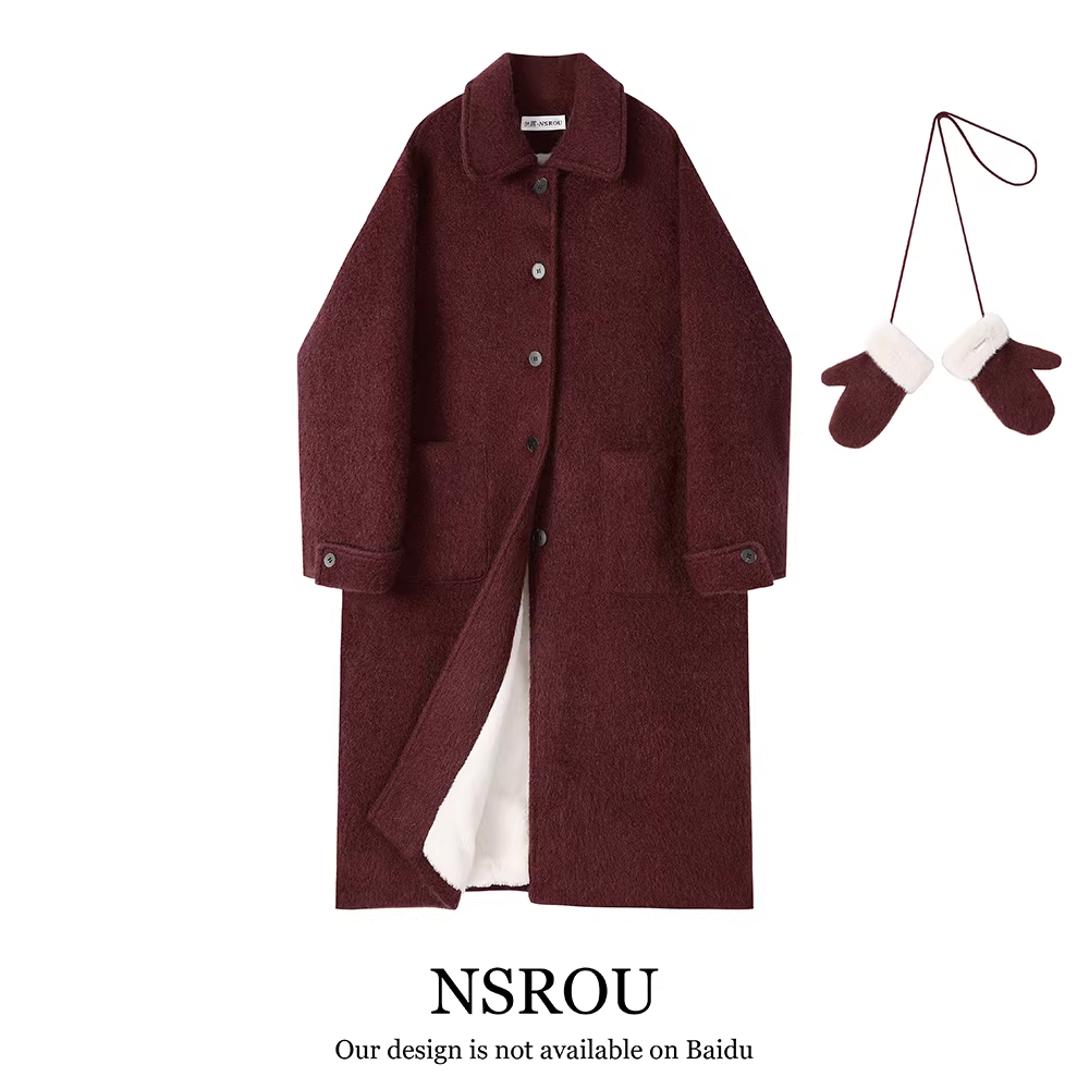 Áo khoác len hai mặt màu đỏ, dài vừa phải, dày và lót lông cừu, áo khoác len dành cho nữ, mùa đông, cao cấp và siêu phong cách.