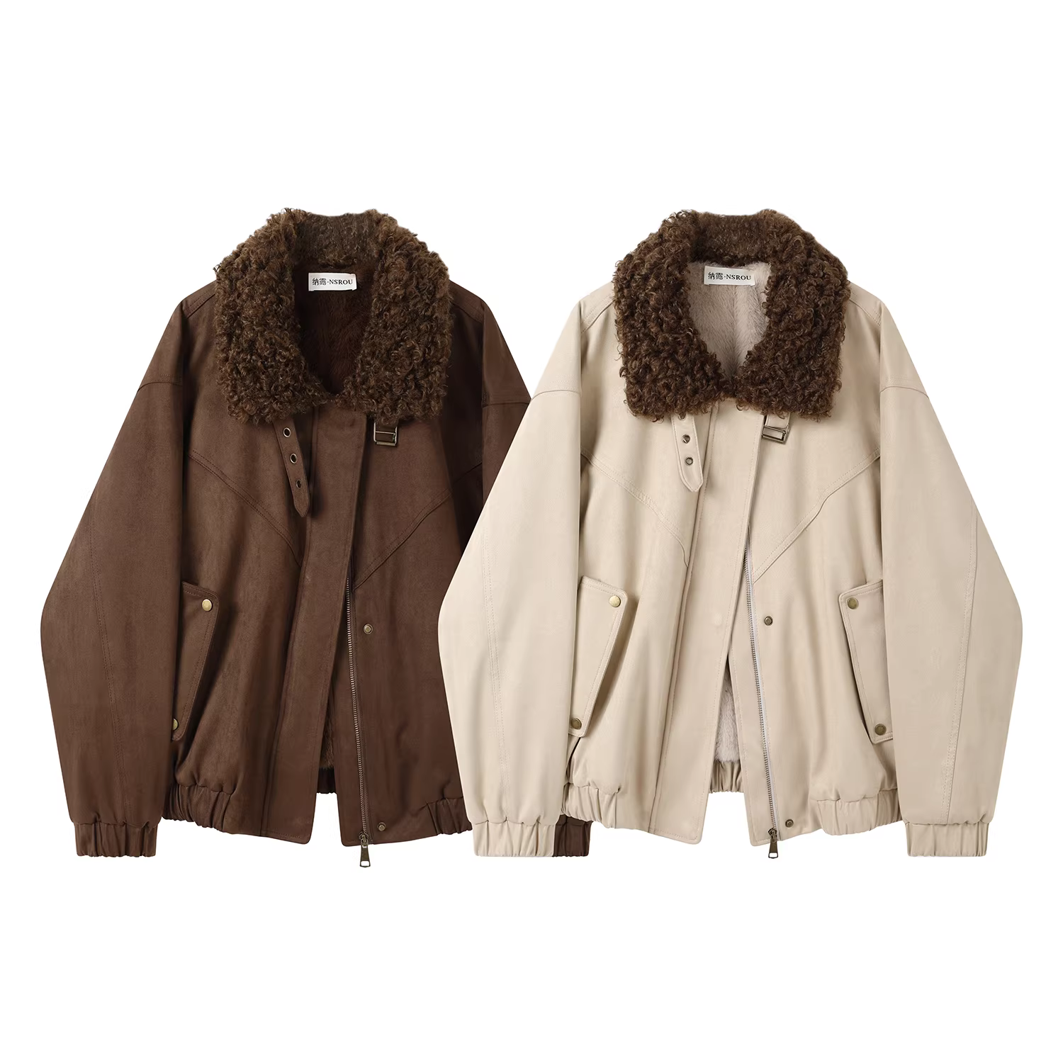 Áo khoác da lộn retro Maillard, áo khoác da nữ, phong cách mùa đông mới, lót lông cừu, ấm áp, áo khoác ngắn kiểu Mỹ dành cho đi xe máy