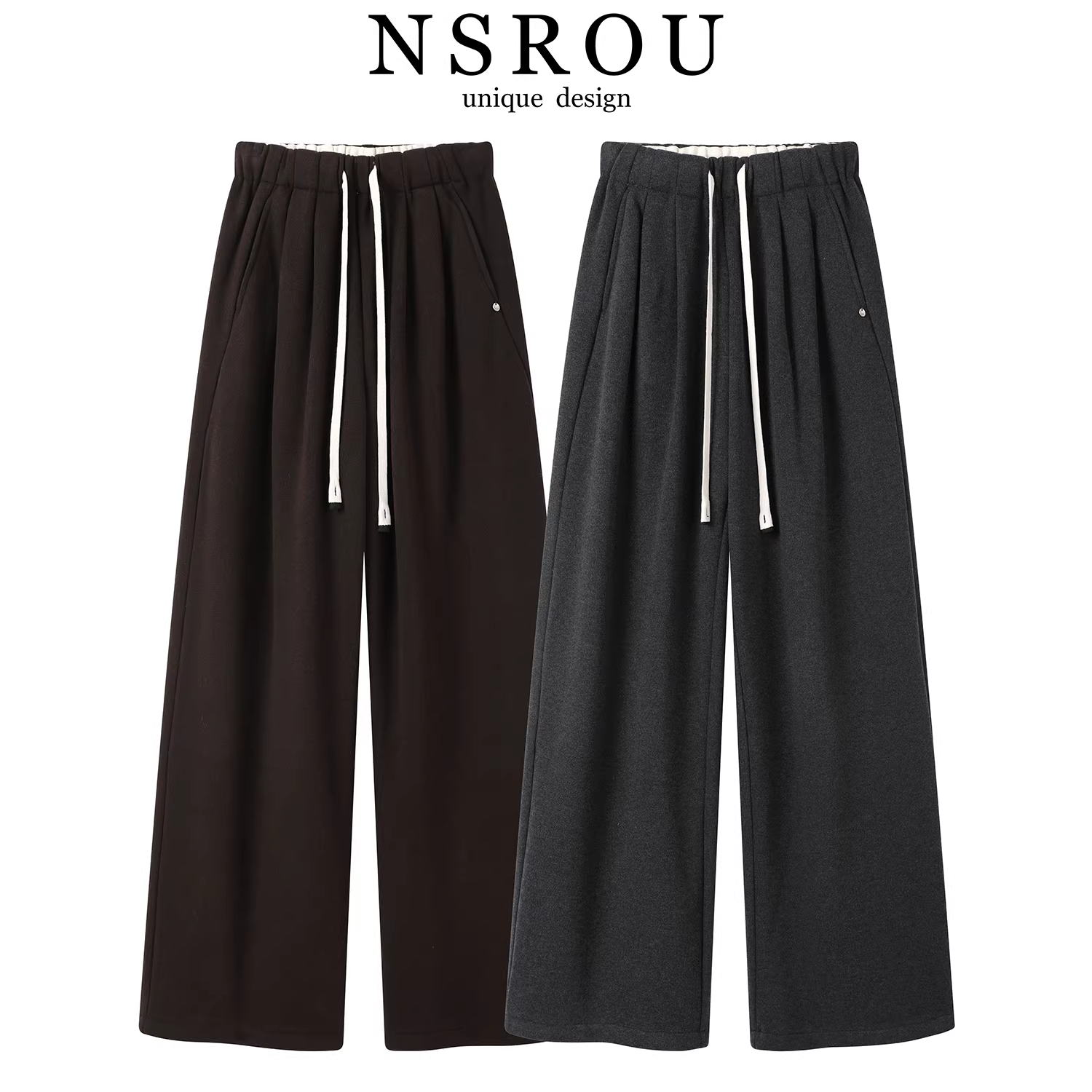 Quần ống rộng cashmere có dây rút cổ điển kiểu Hàn Quốc dành cho nữ, quần dài dáng rộng dáng rộng mùa đông giúp giảm béo