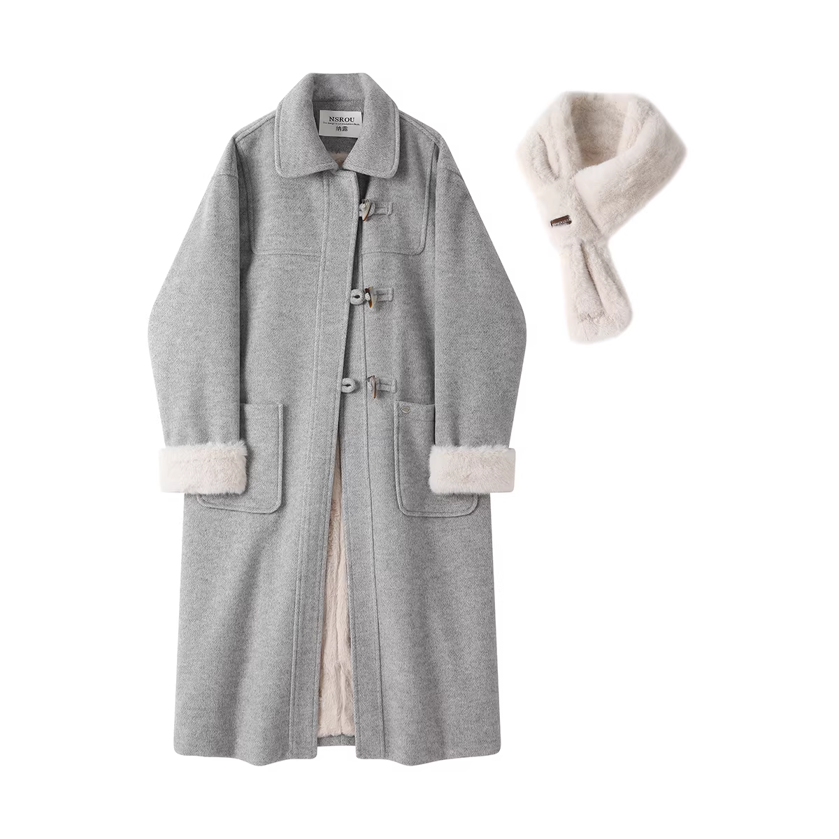 Áo khoác len cashmere màu xám cao cấp kiểu NSROU dành cho nữ, áo khoác len lông cừu dày mùa thu đông.