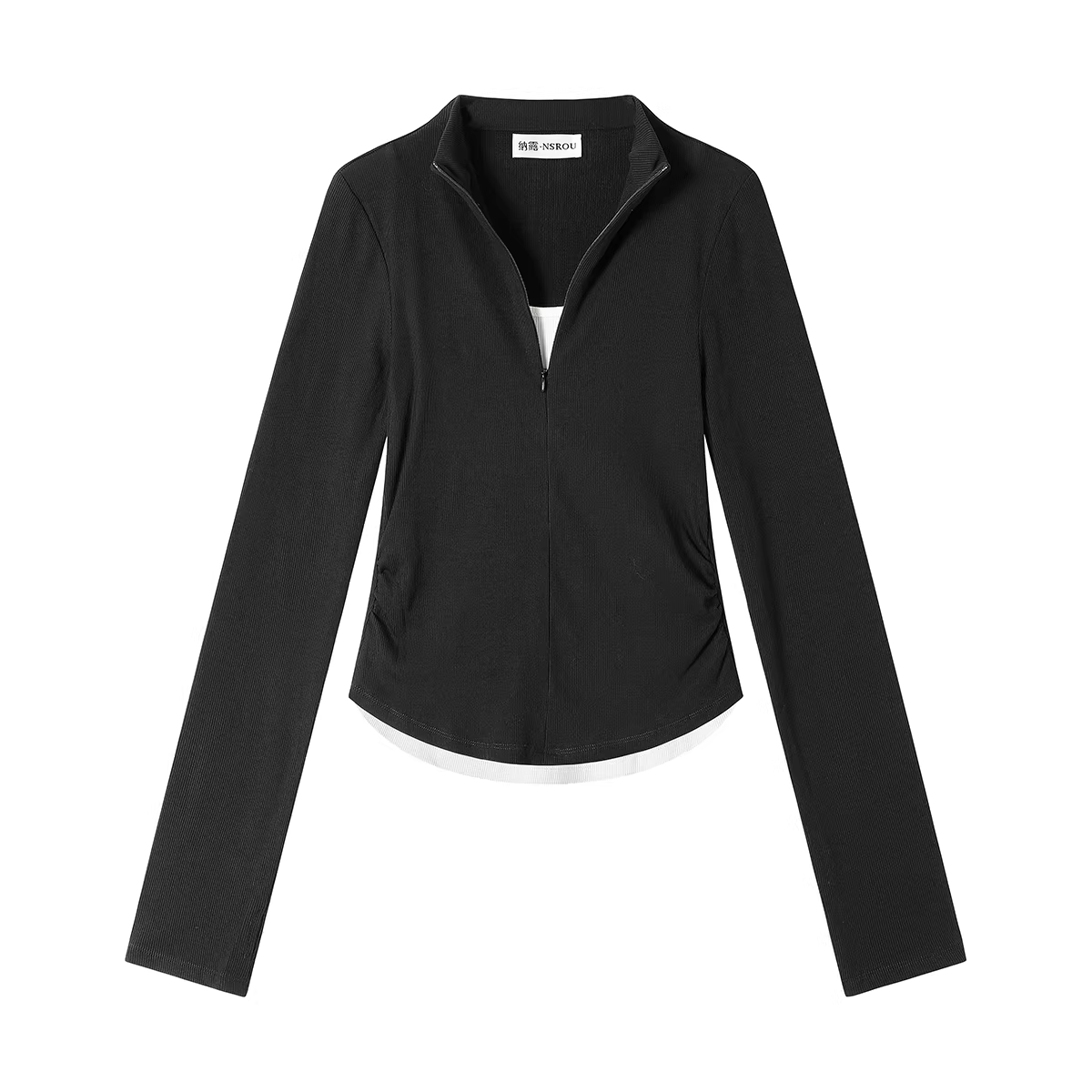 Áo thun dài tay giả hai mảnh màu đen dành cho nữ, thiết kế xuân thu mới, phong cách độc đáo, ôm vừa vặn, vai thường, áo lót bên trong.