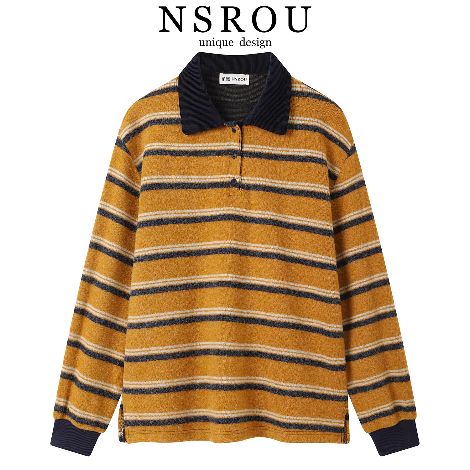 Áo len dệt kim dáng rộng phong cách retro kiểu Hàn Quốc có cổ sọc màu vàng dành cho nữ mùa thu đông áo len dài tay