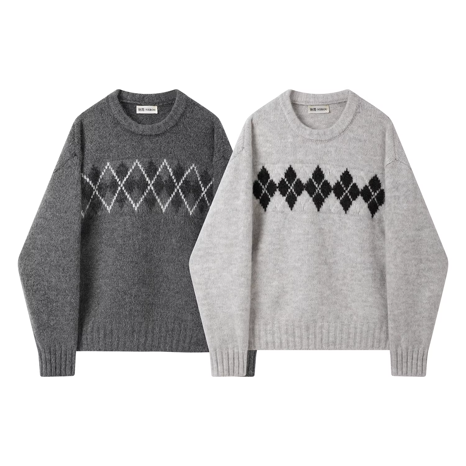 Áo khoác len chui đầu cổ tròn phong cách lười biếng Fair Isle dành cho nữ, áo dệt kim dày dặn mùa thu đông.