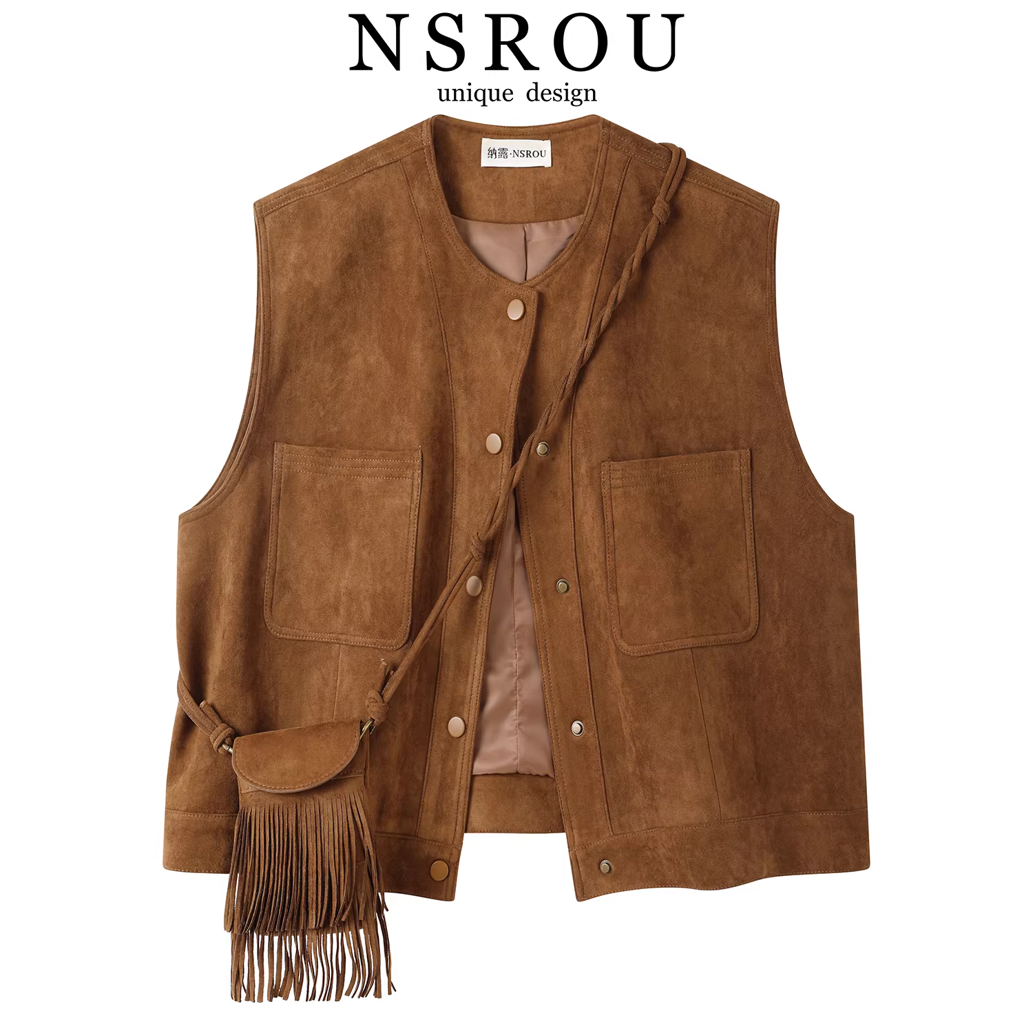 Áo khoác da lộn phong cách retro đơn giản của Mỹ dành cho nữ, áo khoác ngắn không tay mùa thu