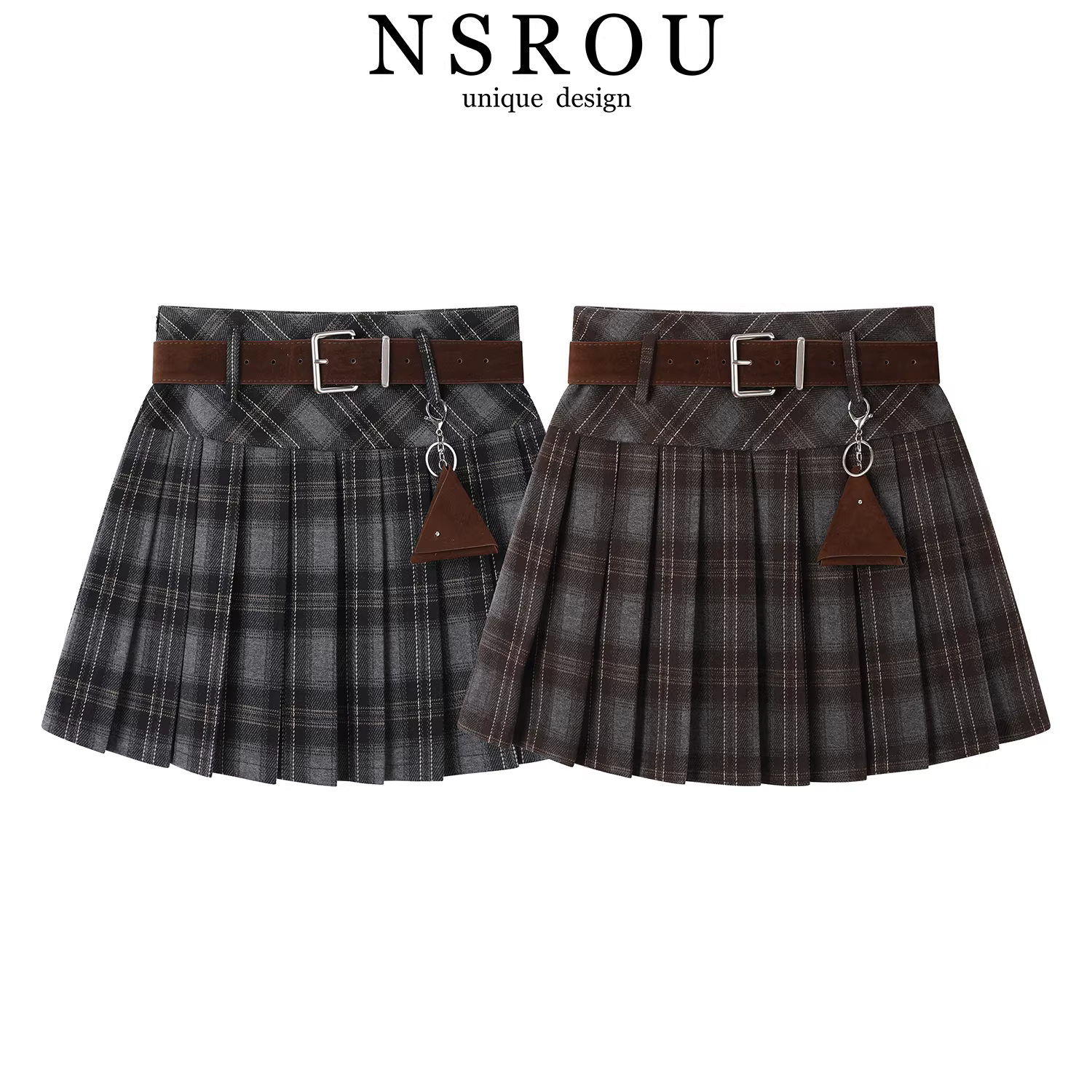 Váy kẻ sọc cổ điển kiểu Mỹ dành cho nữ trong mùa thu đông, váy ngắn xếp ly dáng chữ A eo cao kiểu preppy, váy len