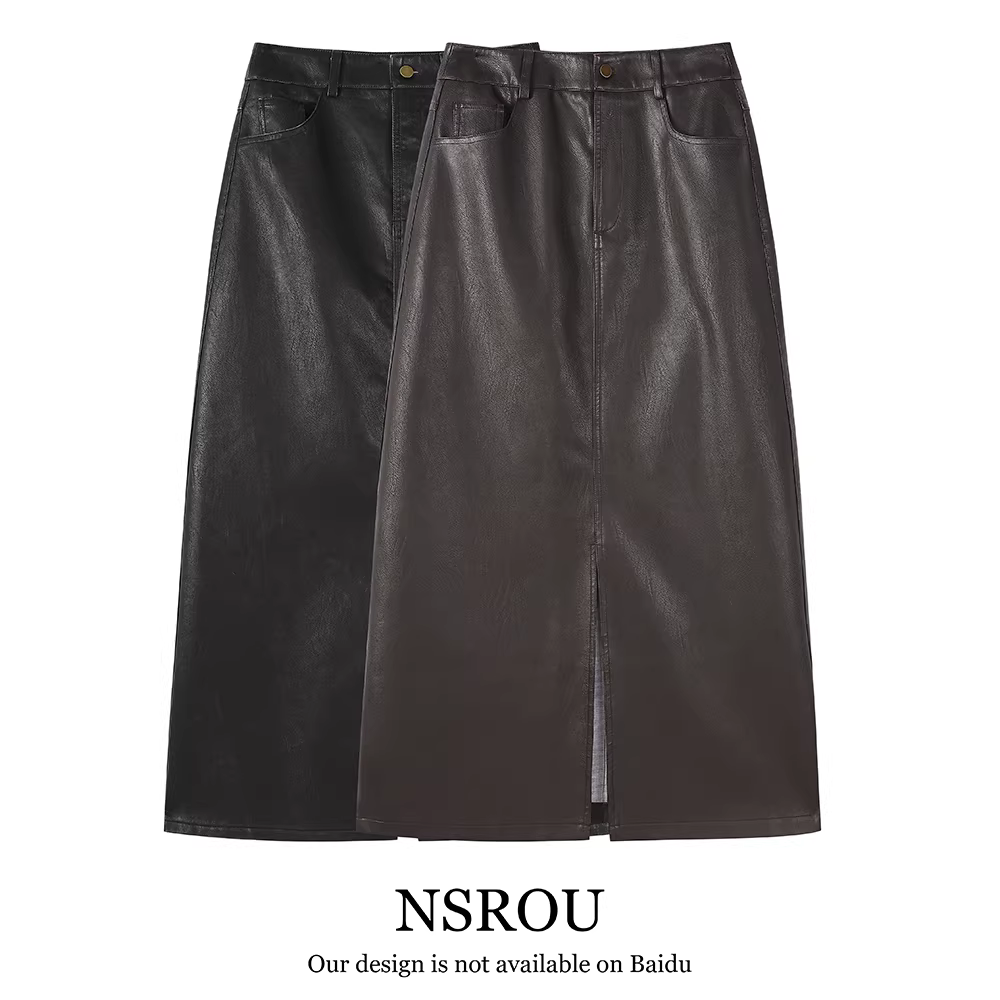 Váy nhung Melard màu nâu cổ điển Váy da dành cho nữ trong mùa thu đông váy dài ôm sát hông dáng chữ A có đường xẻ eo cao