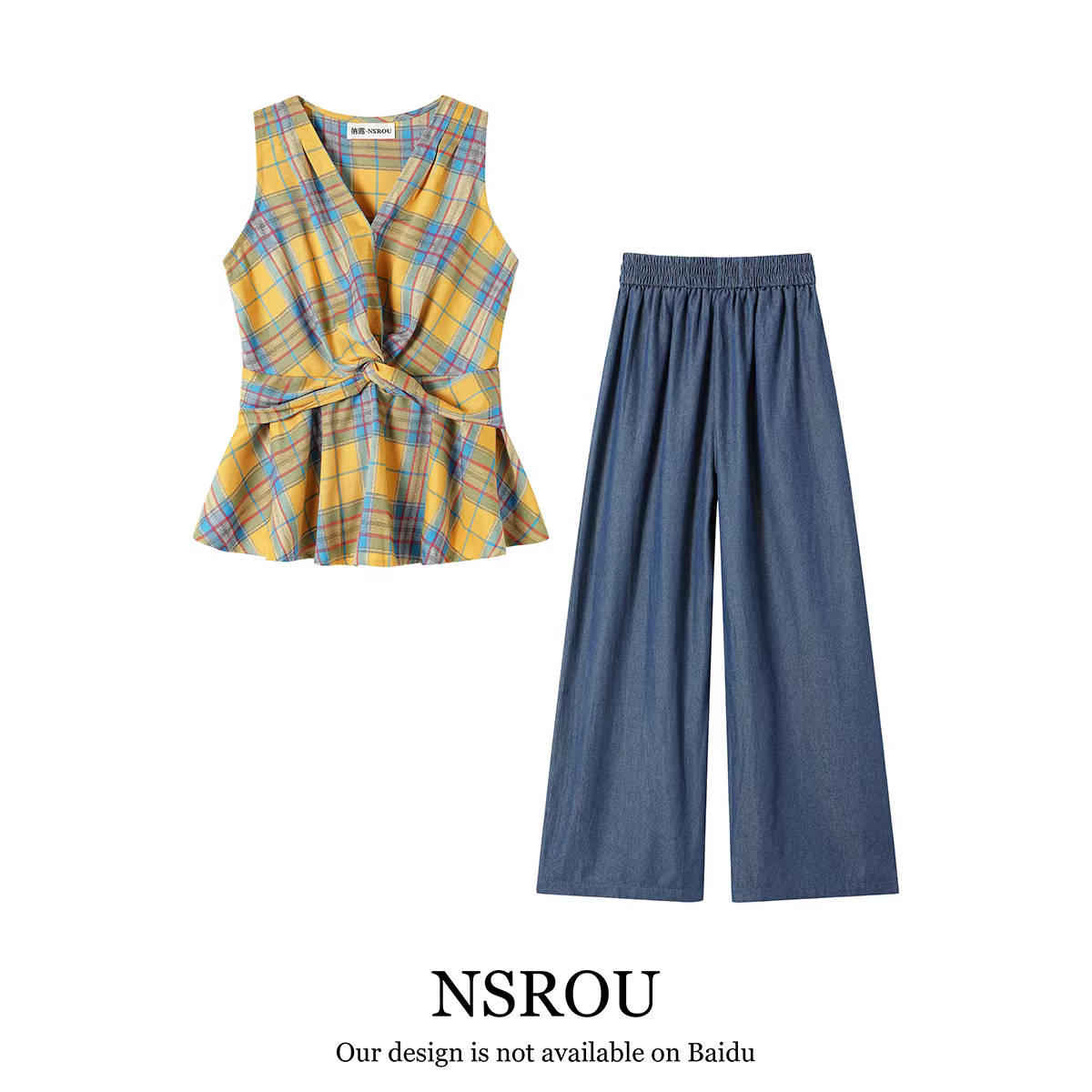 Bộ đồ hai mảnh nữ gồm áo vest cổ V kẻ caro thiết kế trẻ trung mùa hè và quần ống rộng lưng cao phong cách thường ngày