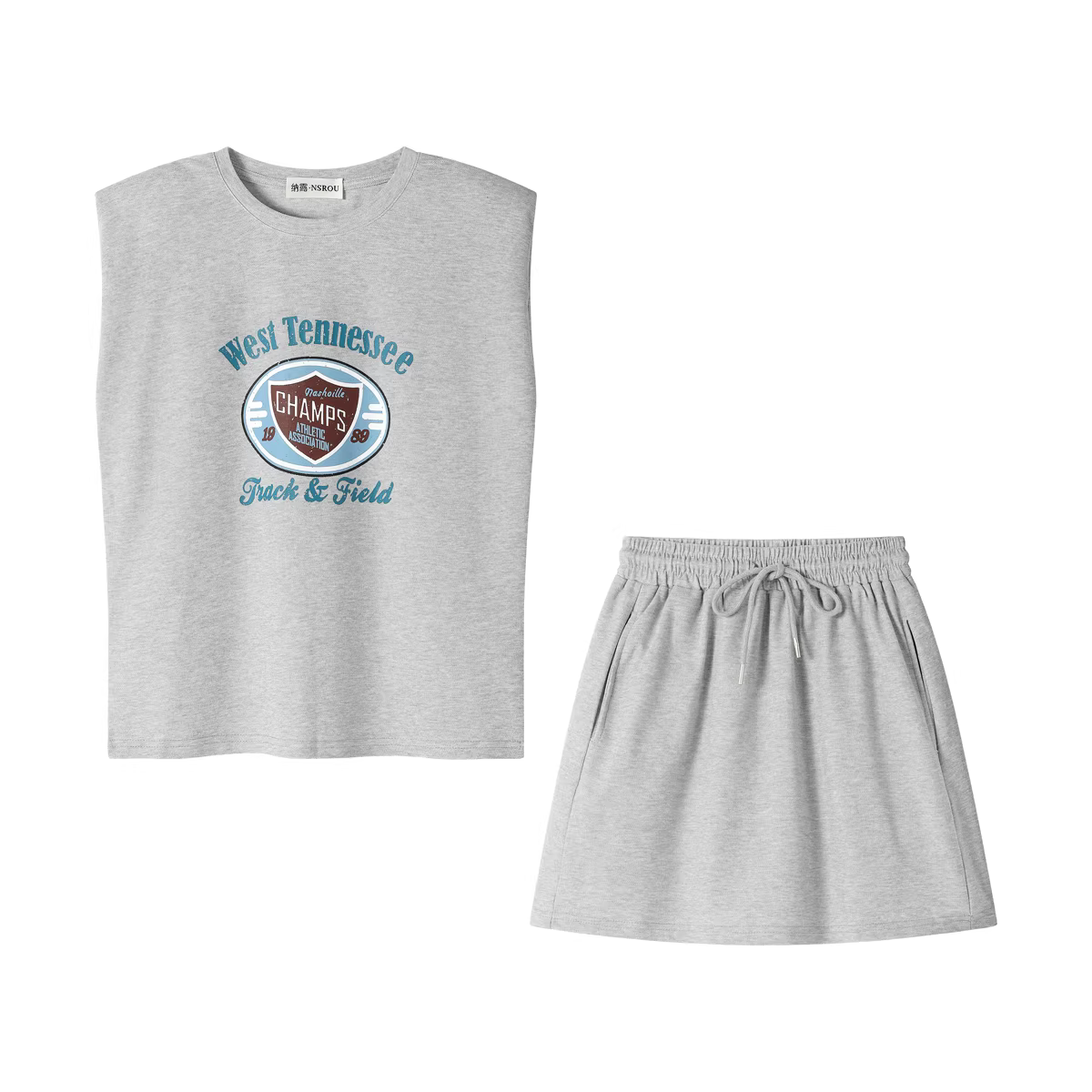 Áo ba lỗ không tay in chữ phong cách Hàn Quốc dành cho nữ, váy ngắn lưng cao đa năng, bộ đồ hai mảnh thời trang mùa hè