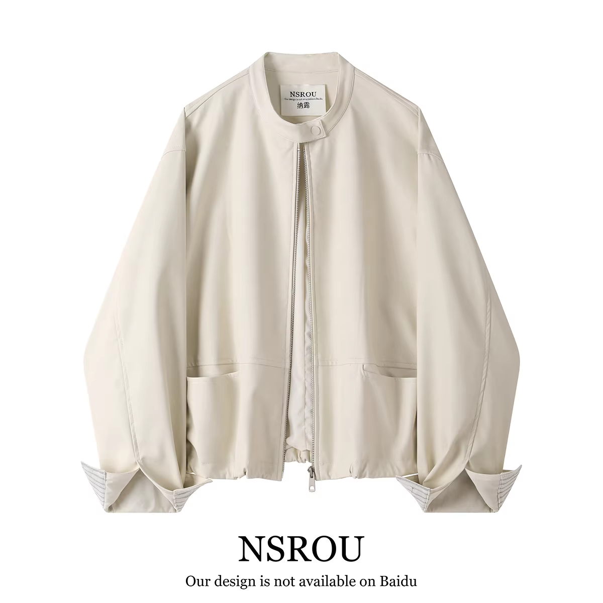 Áo khoác da cổ tròn màu trắng nhạt phong cách Hàn Quốc dành cho nữ, mẫu mới 2025, áo khoác biker nhỏ nhắn mùa xuân thu