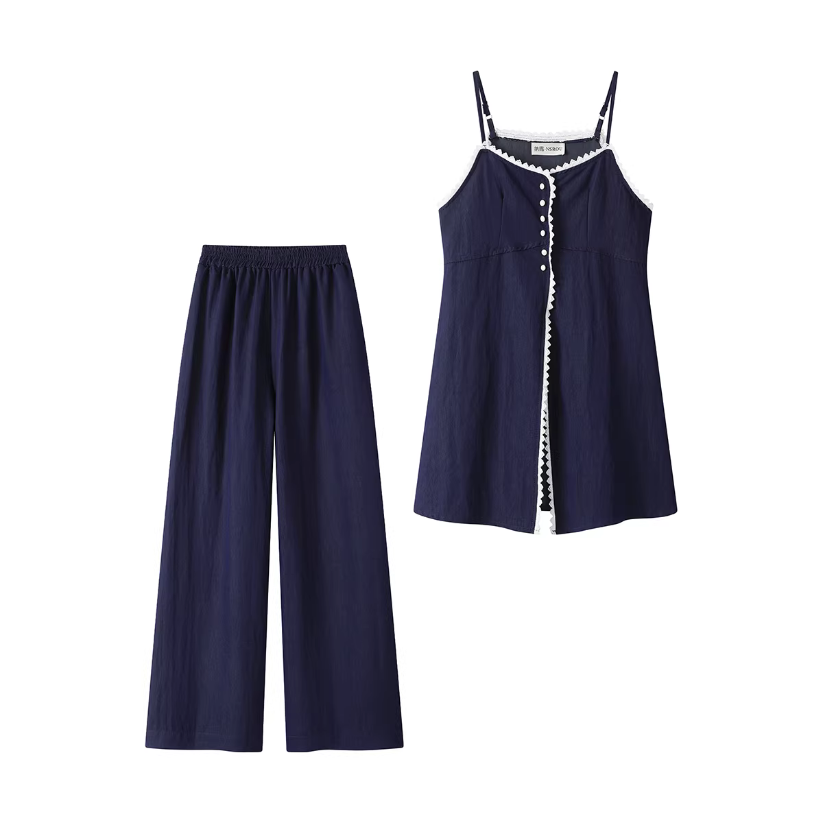 Phong cách Hàn Quốc thời trang và trẻ trung denim ren áo yếm quần ống rộng giản dị bộ đồ hai mảnh váy nữ mặc mùa hè