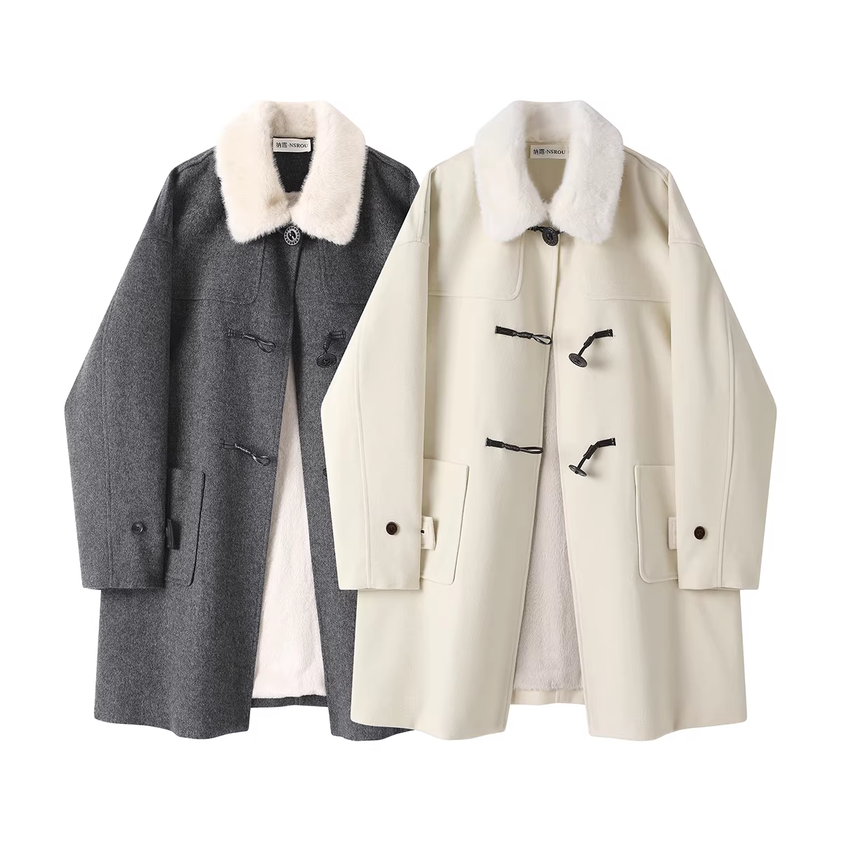 NSROU Áo khoác len dáng rộng có nút còi phong cách Hàn Quốc dành cho nữ, áo khoác len dài vừa phải lót lông cừu mùa thu đông
