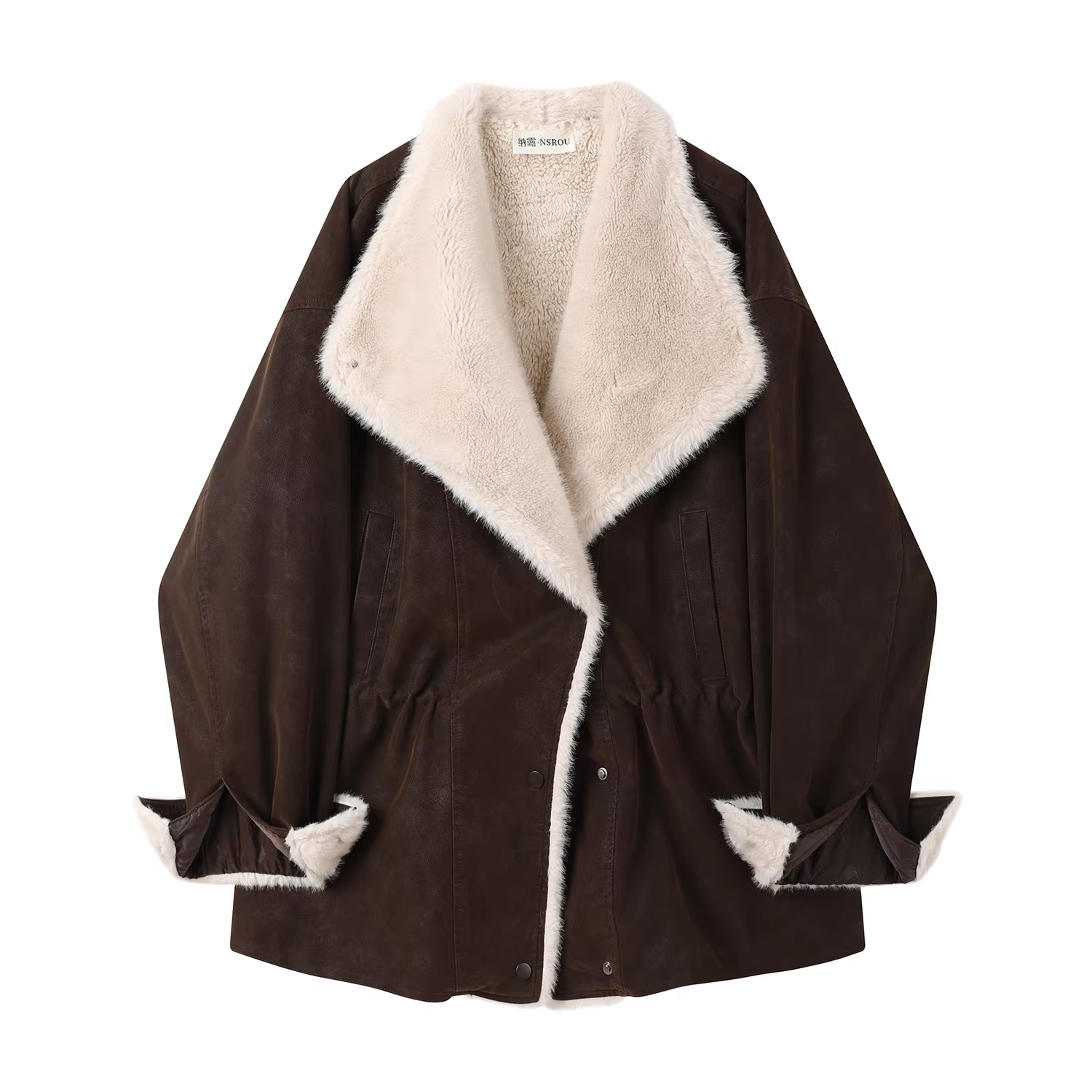 Áo khoác da cổ điển phong cách retro cao cấp Melard dành cho nữ mùa đông, dài trung bình, lót lông cừu, màu nâu