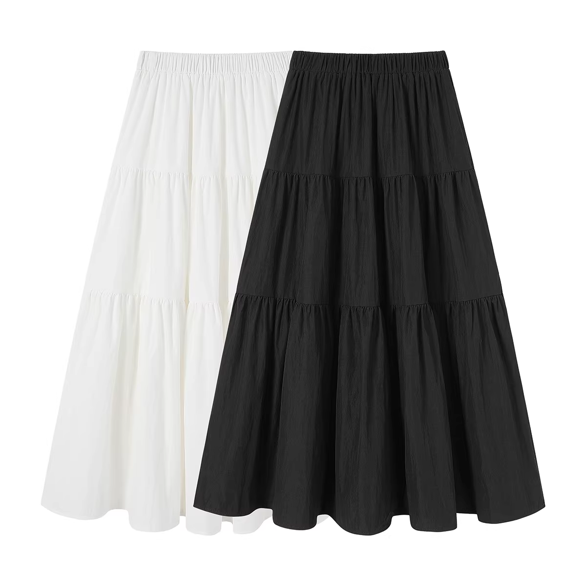 Phong cách nhẹ nhàng, chân váy đen đa năng, phong cách mới mùa hè dành cho nữ, váy xếp tầng chữ A thon gọn eo