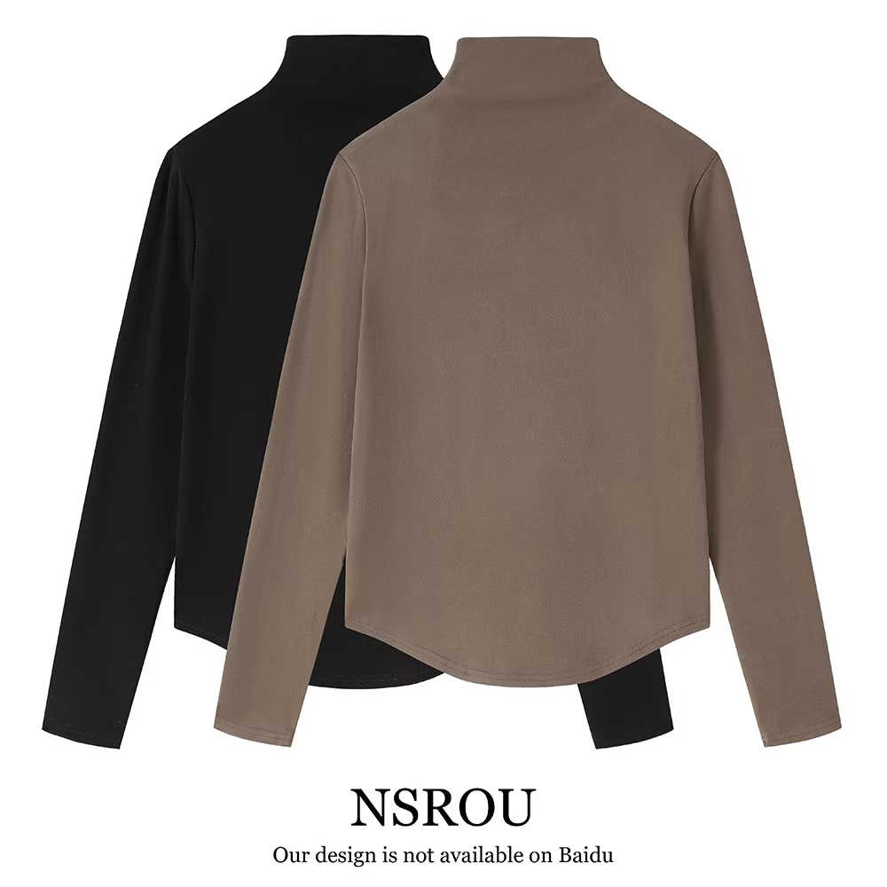 Áo thun dệt kim màu đen cổ cao nửa cổ cao cấp và thanh lịch có tay dài dành cho nữ trong mùa thu đông, áo lót bên trong có lót lông cừu và giúp giảm béo.