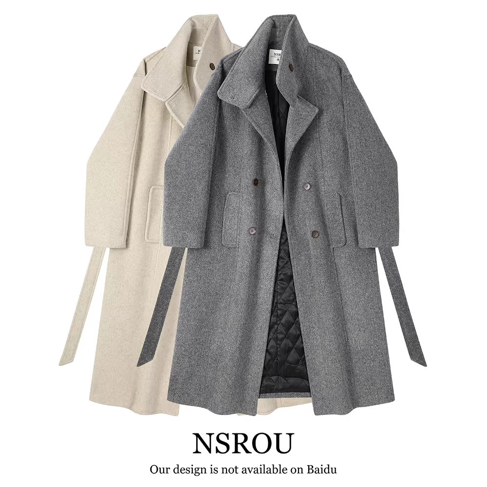 Áo khoác len cashmere hai mặt cổ đứng lấy cảm hứng từ Hepburn kiểu Hàn Quốc dành cho nữ, mùa thu đông, áo khoác len dày dặn cao cấp.