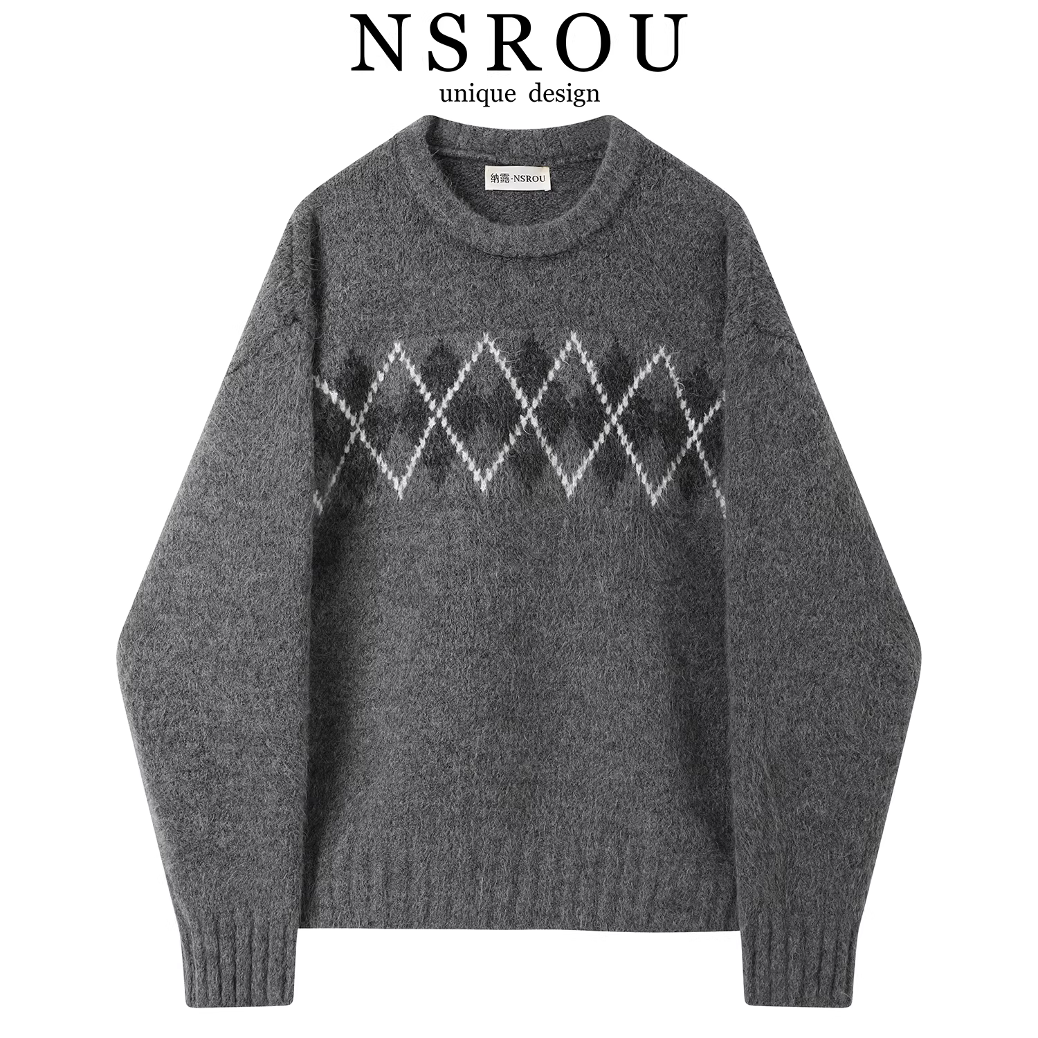 Áo len chui đầu cổ tròn họa tiết hình học kim cương màu xám retro dành cho nữ mùa đông dày dặn, dáng rộng, chất liệu dệt kim