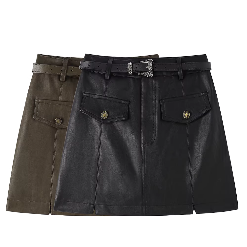 Chân váy chữ A cao cấp, kiểu dáng công sở, cạp cao, tôn dáng, chất liệu da, dành cho nữ, bộ sưu tập thu đông 2025.