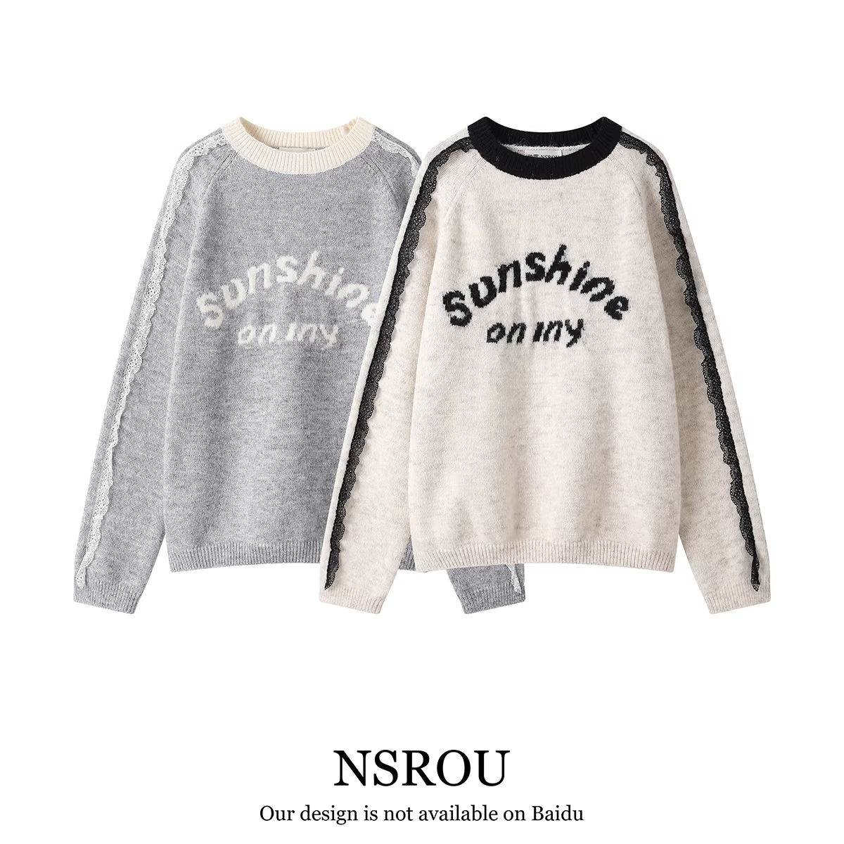 Áo len dệt kim cổ tròn phối ren phong cách retro Mỹ, dáng rộng, thoải mái, phối màu tương phản, dành cho nữ, kiểu mới thu đông