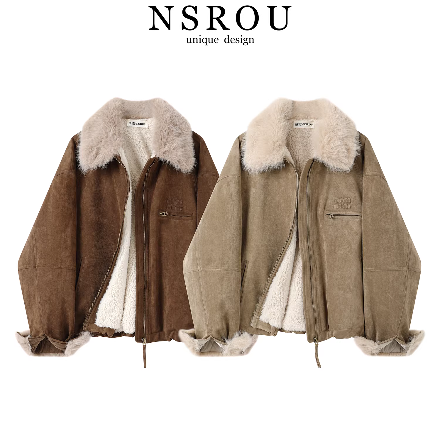 Áo khoác da lộn lót lông cừu kiểu retro Maillard dành cho nữ, áo khoác ngắn kiểu biker mùa đông