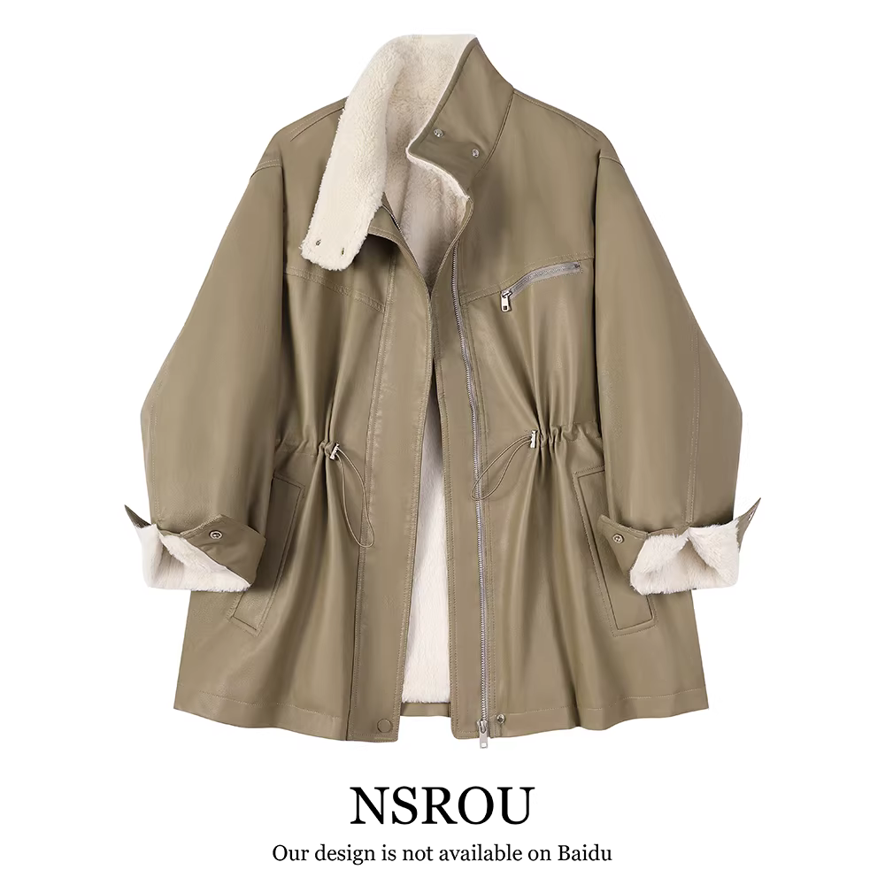 Áo khoác da dài trung bình phong cách retro Hồng Kông 2025 kiểu mới dành cho nữ mùa thu đông, cao cấp, thanh lịch, cổ đứng, áo khoác cotton