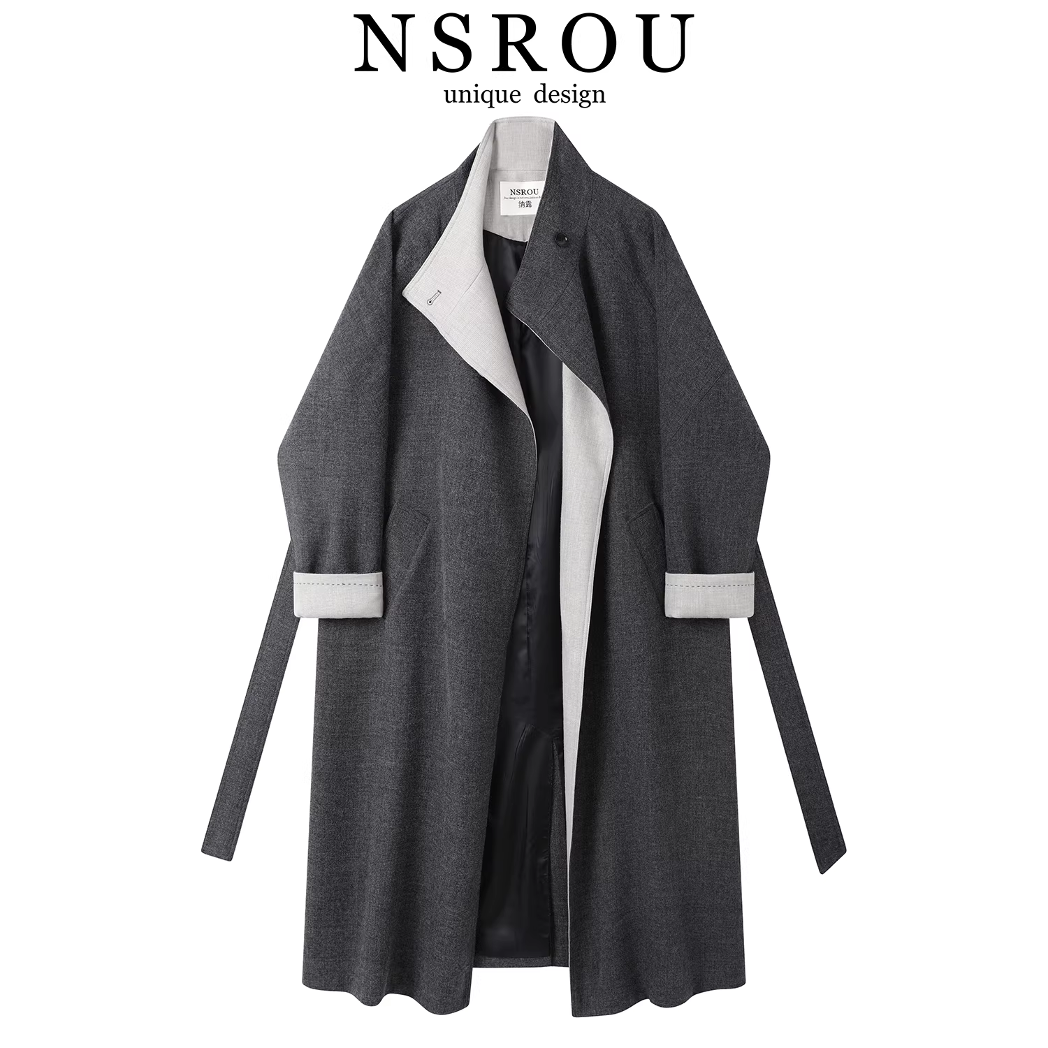 Áo khoác len hai mặt cao cấp và sành điệu của NSROU dành cho nữ, áo khoác dài cổ đứng dài vừa phải cho mùa thu đông.