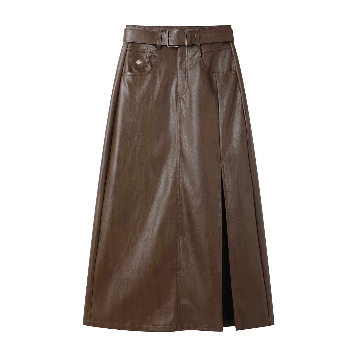 Váy bút chì xẻ tà dài màu nâu cổ điển dành cho nữ, phong cách mùa thu mới, váy da chữ A eo cao thanh lịch, tôn dáng.